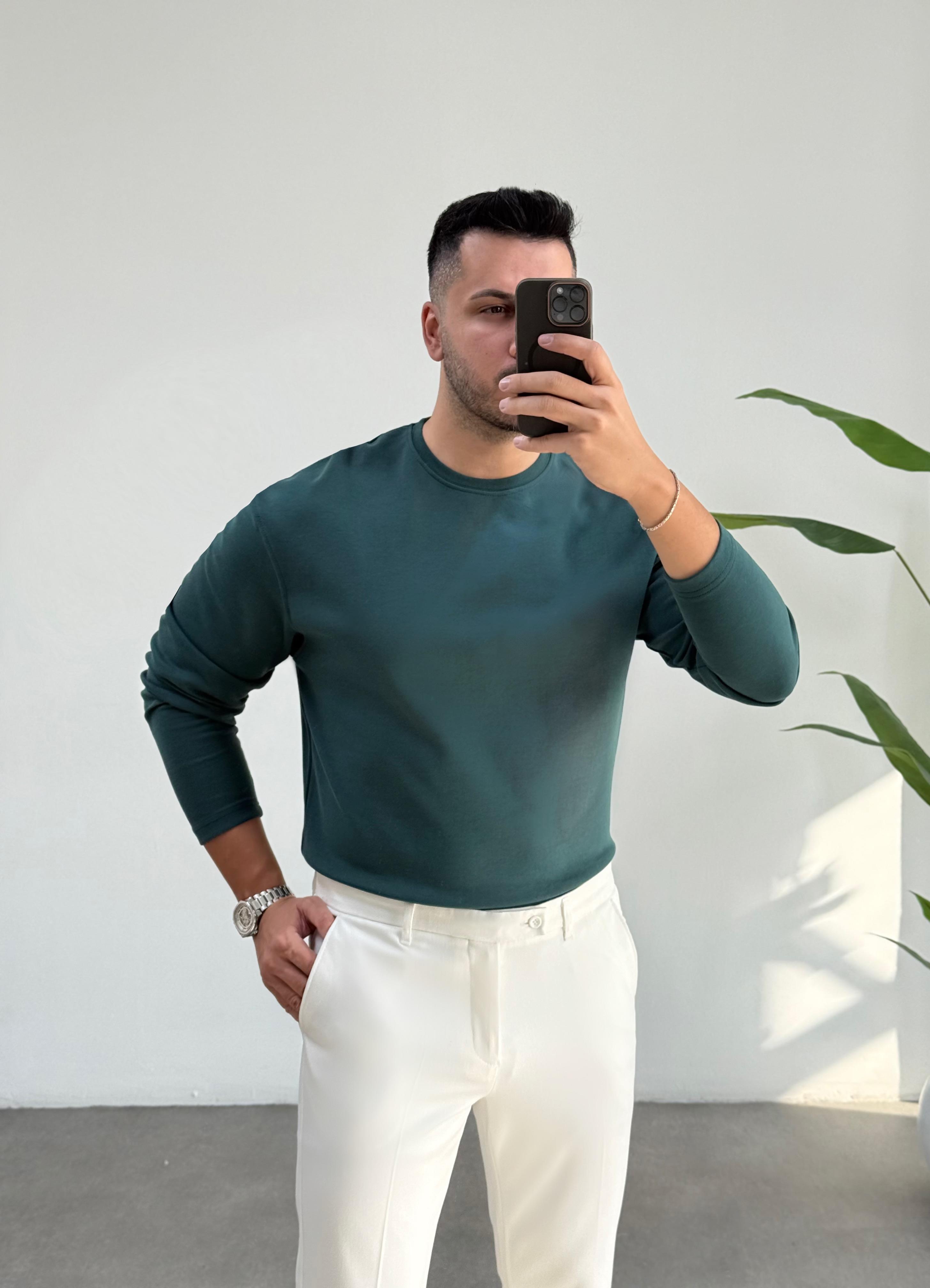 Bisiklet Yaka Duble Face Zümrüt Sweat
