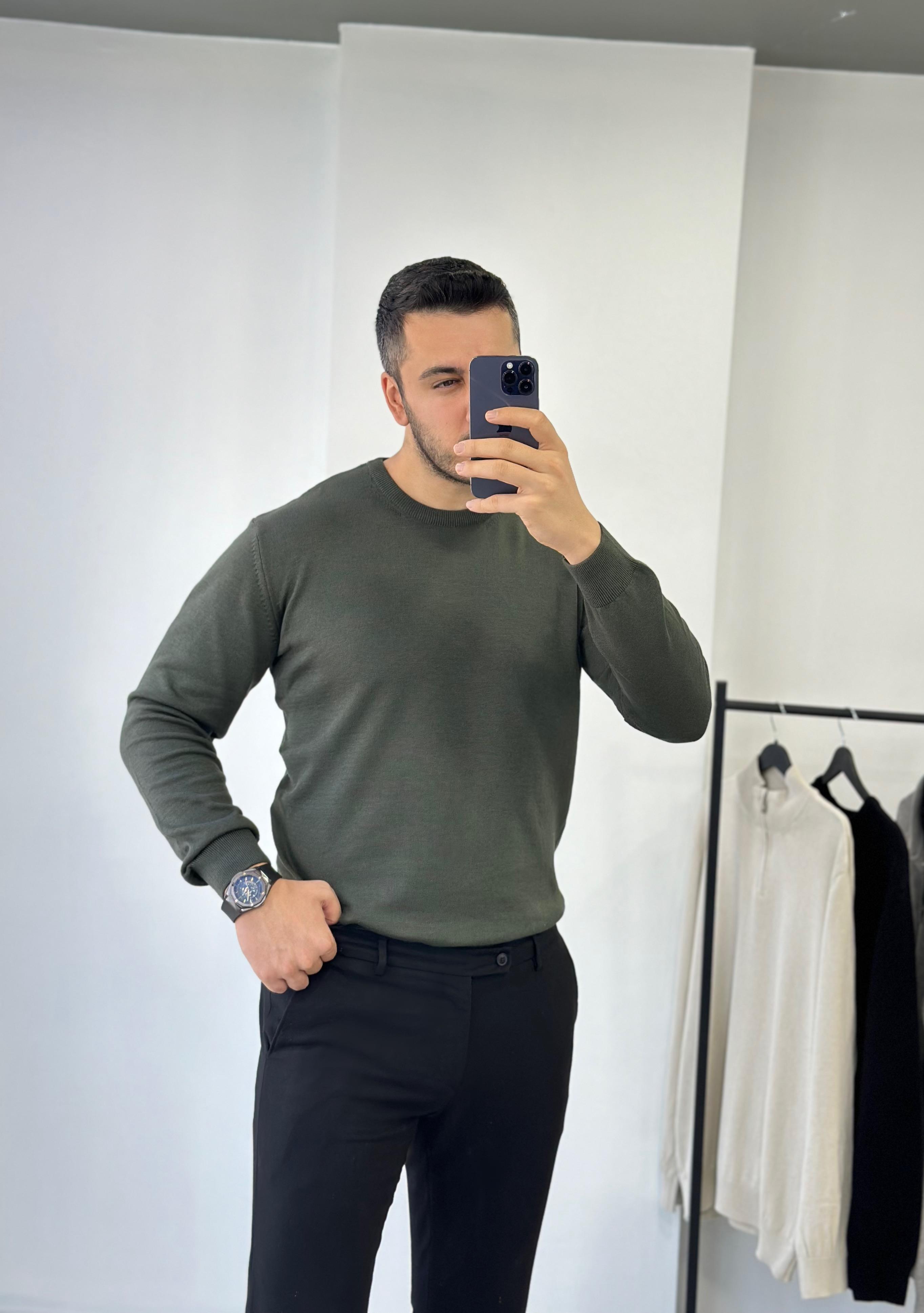 Bisiklet Yaka Haki Triko Kazak