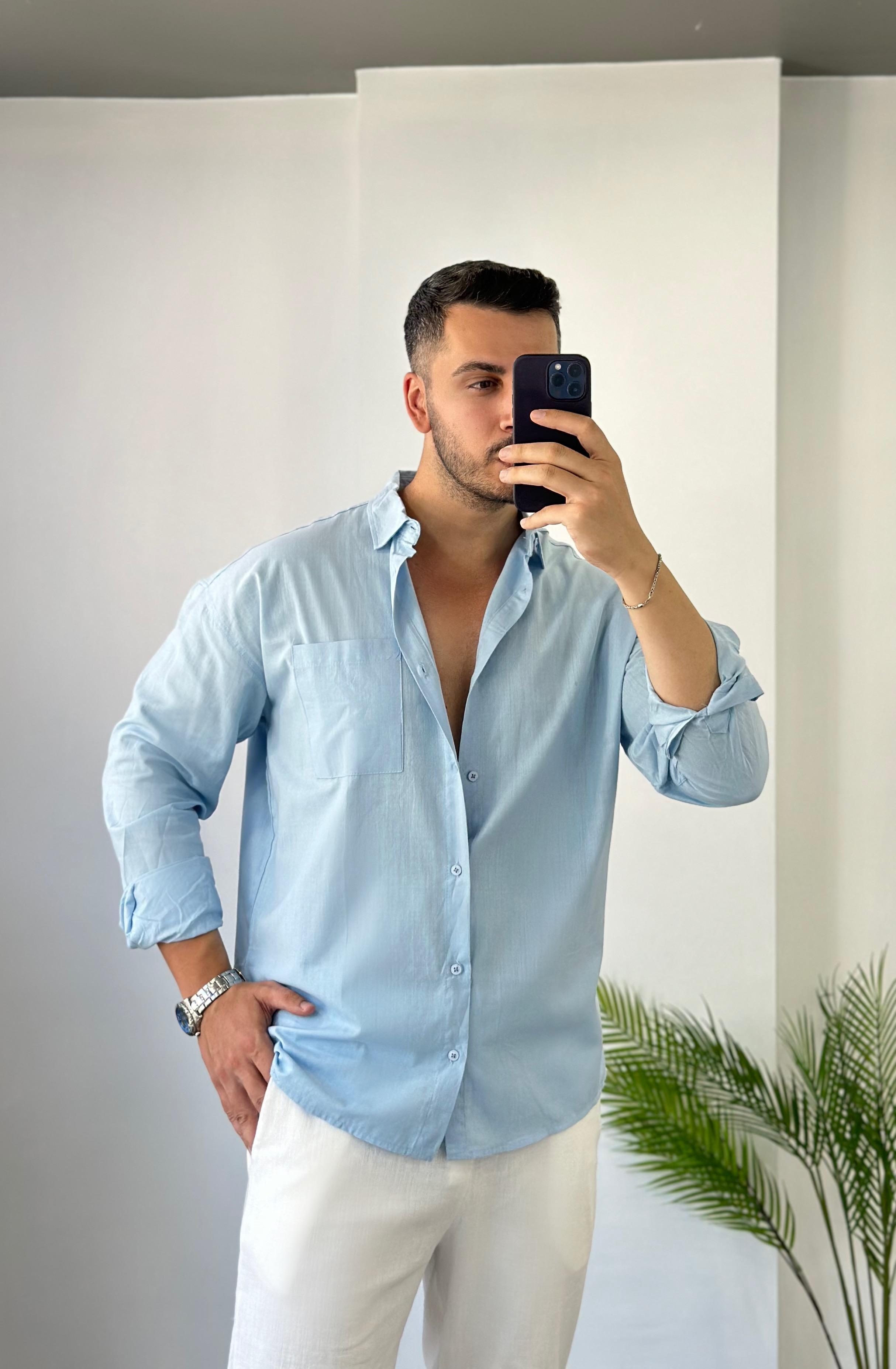 Blue Cepli Oversize Keten Gömlek 