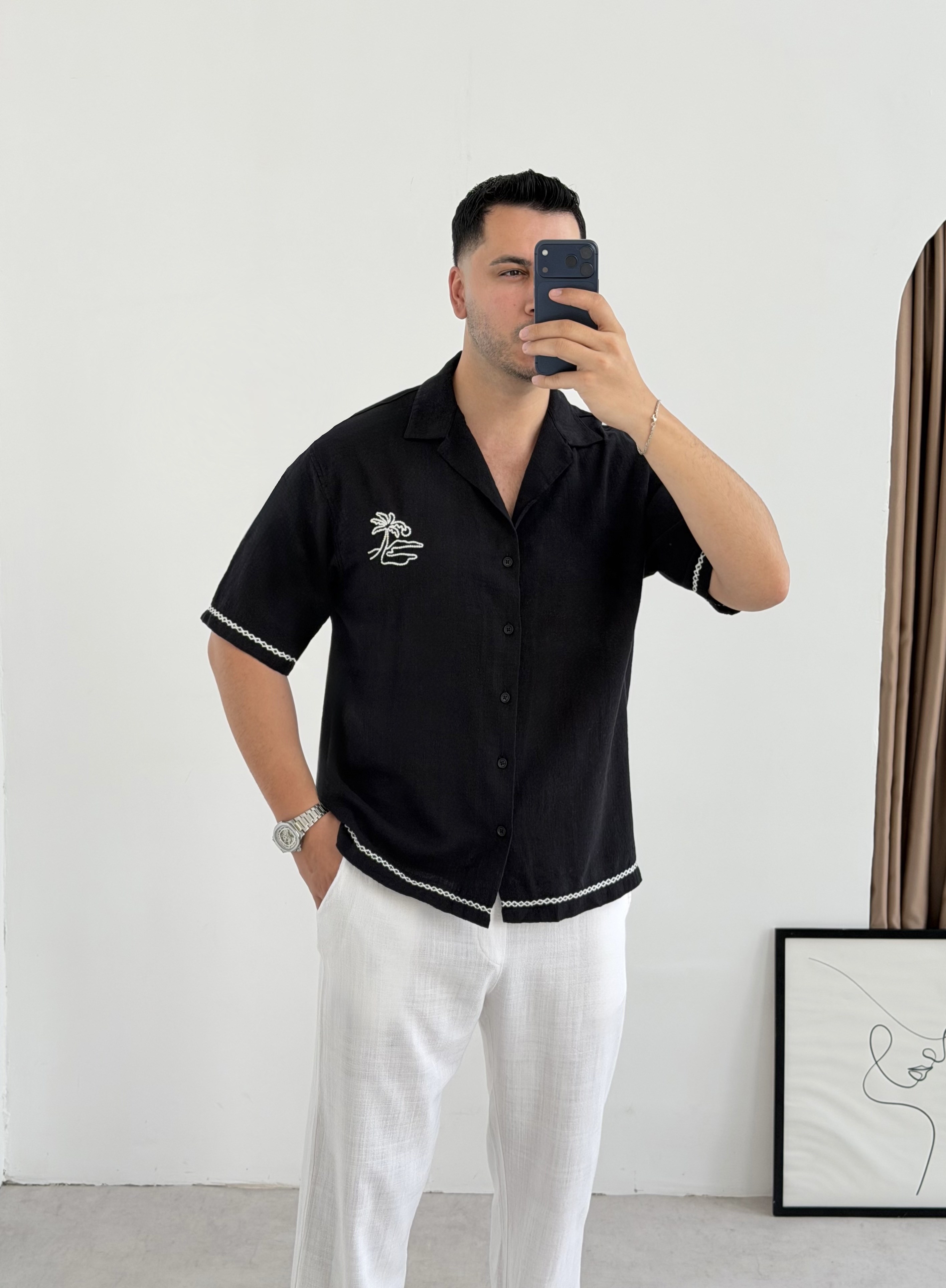 Bohem Siyah Keten Gömlek 