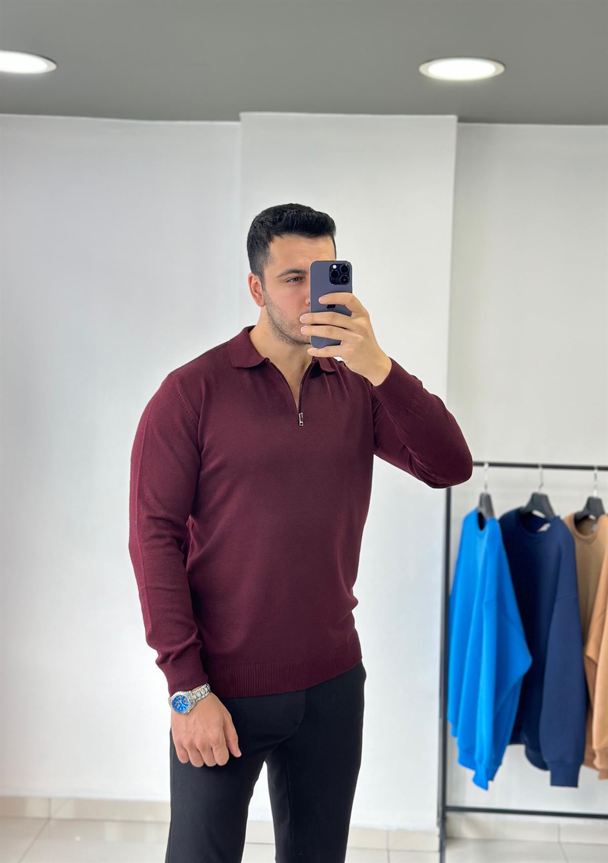 Bordo Fermuarlı Triko Kazak