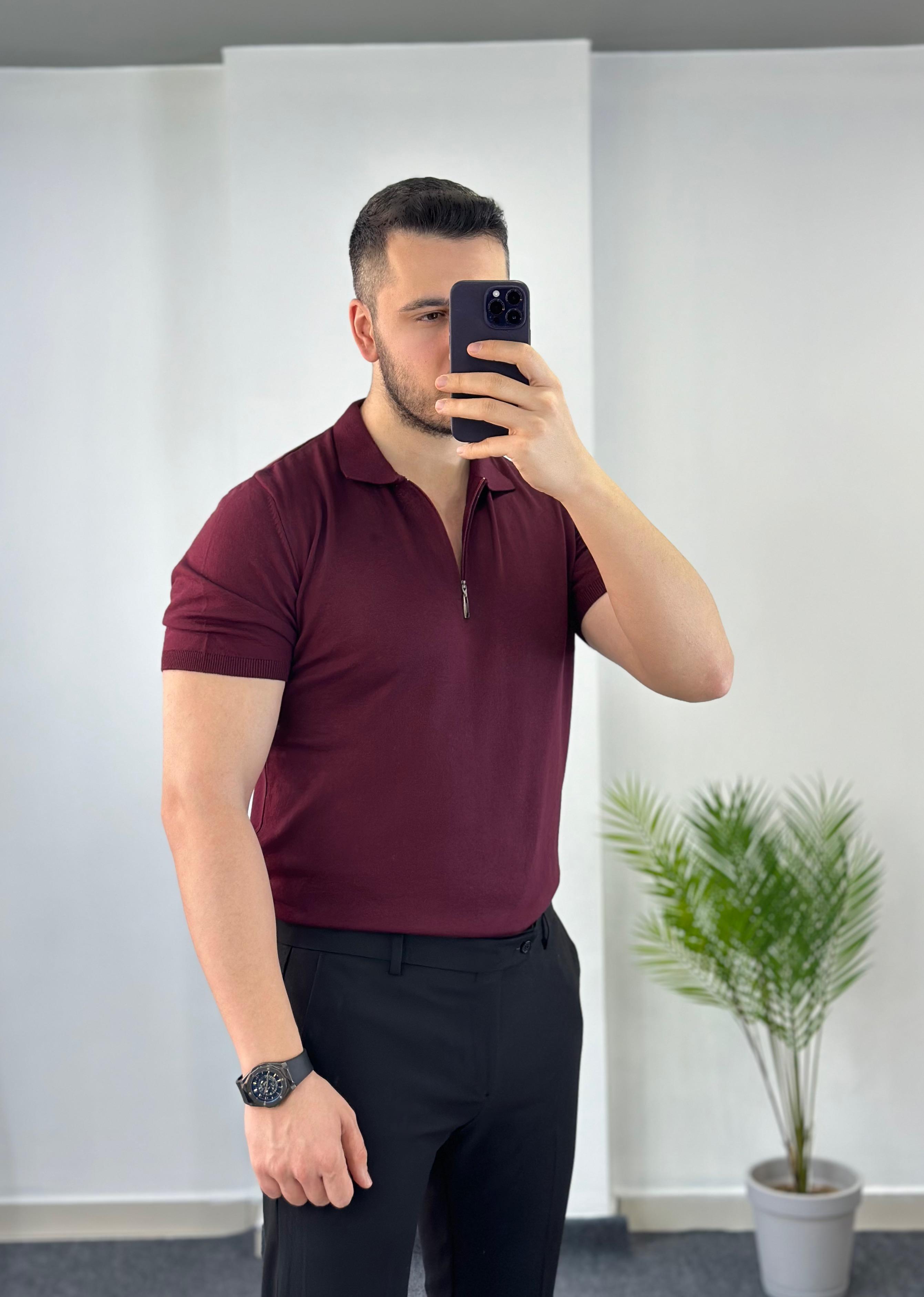 Bordo Fermuarlı Triko Tişört