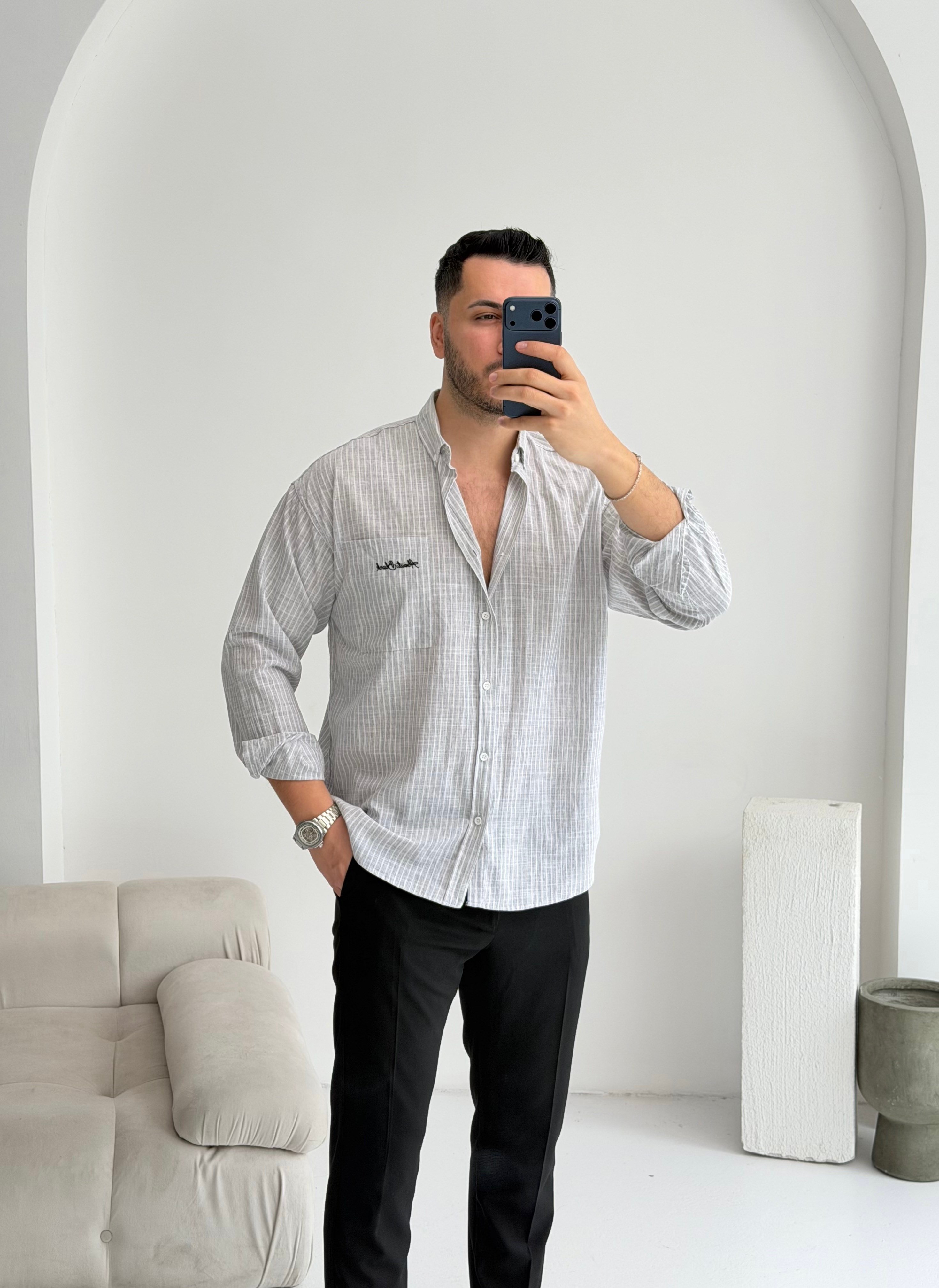 Cep Nakışlı Gri Oversize Keten Gömlek