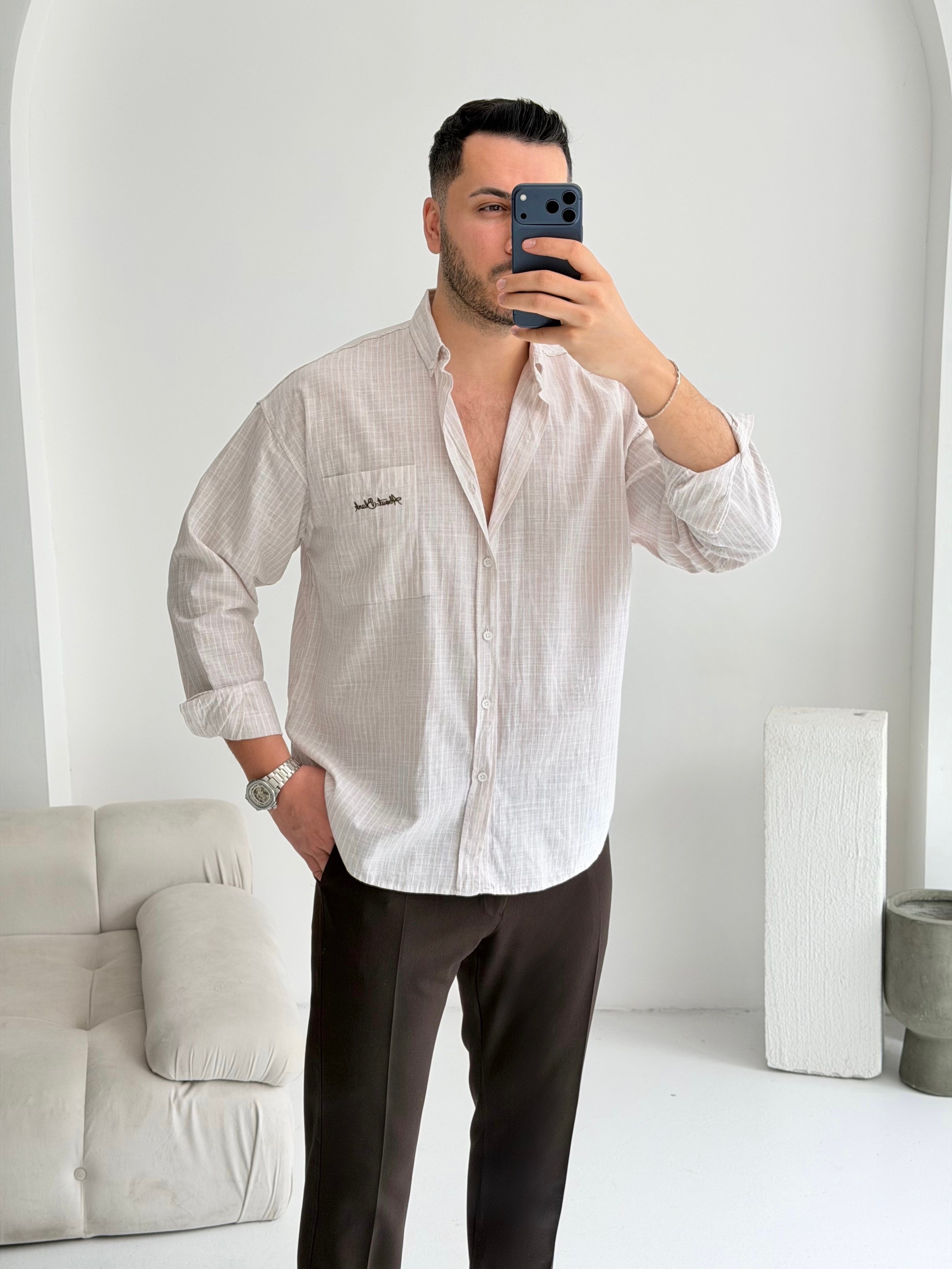 Cep Nakışlı Kahve Oversize Keten Gömlek