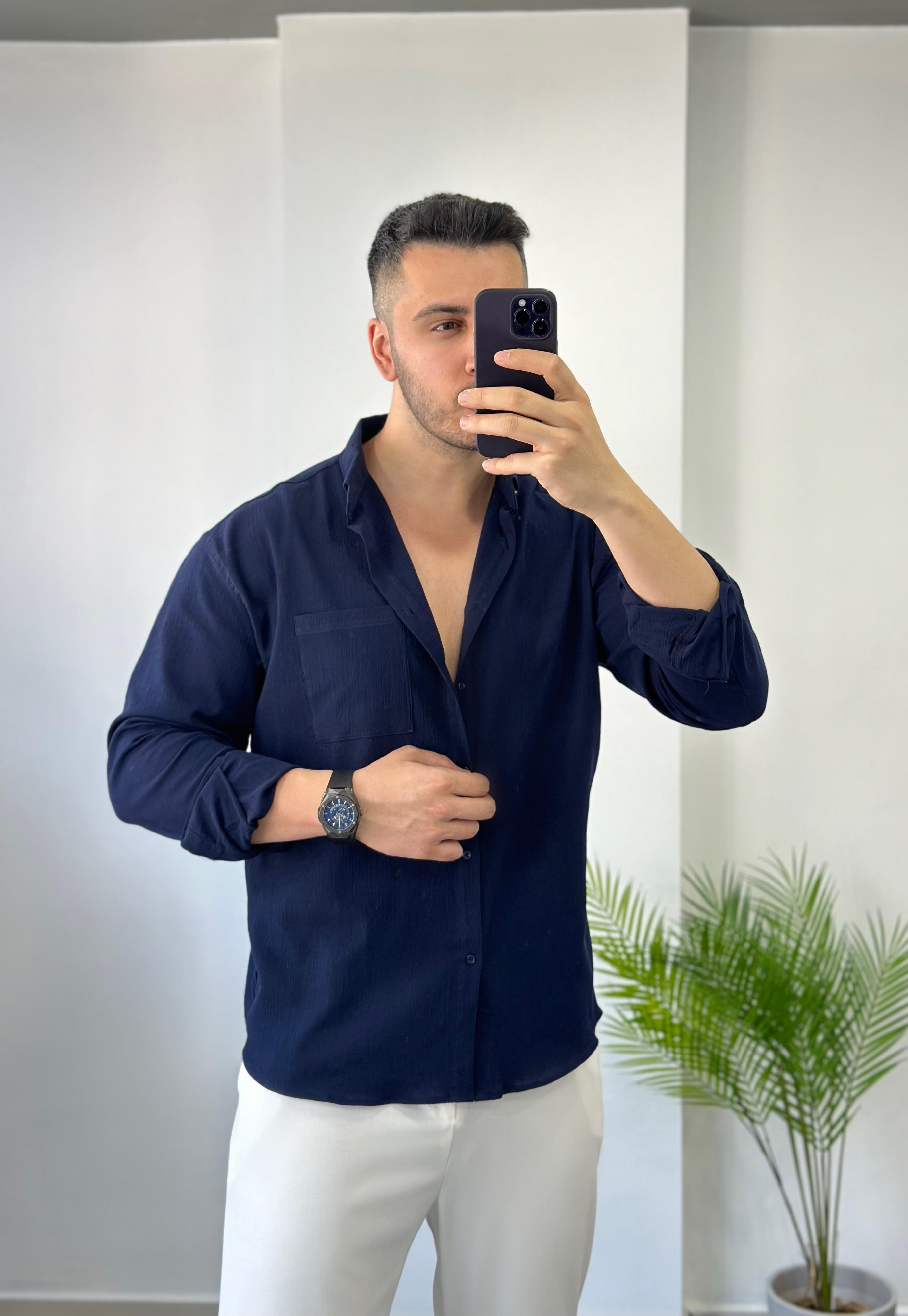 Cepli Lacivert Oversize Keten Gömlek 