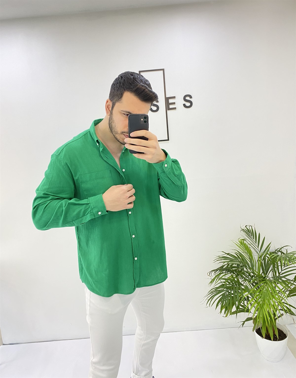 Cepli Oversize Yeşil Keten Gömlek 
