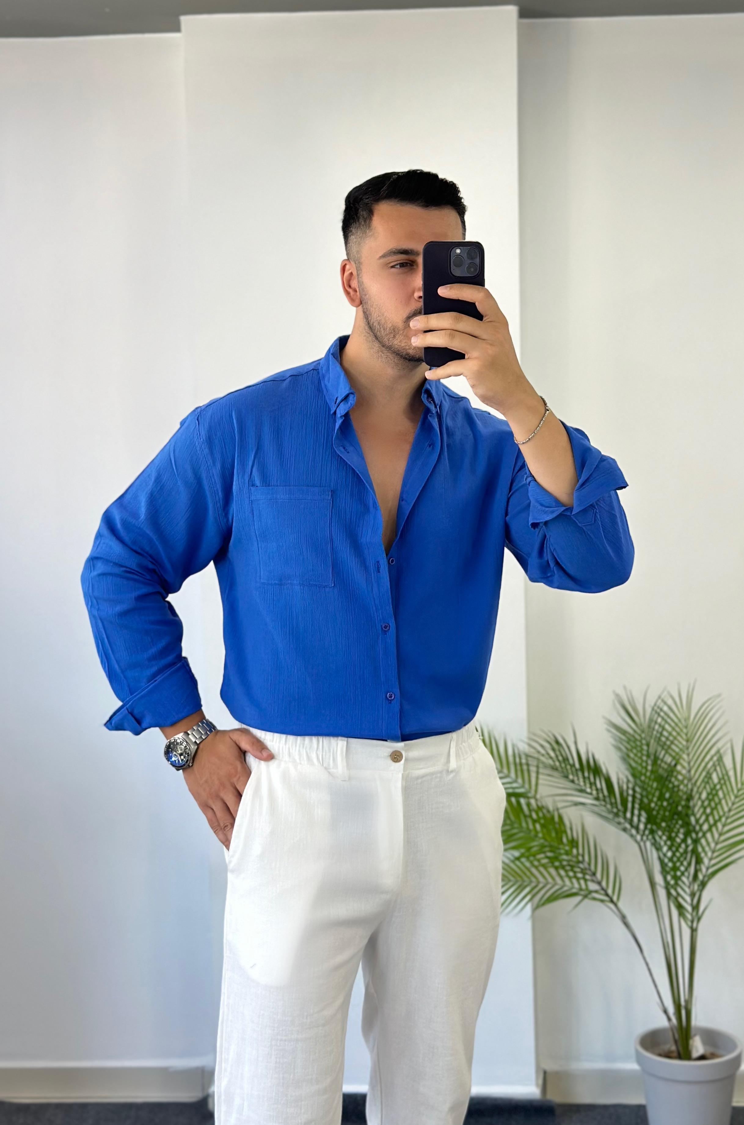 Cepli Saks Mavisi Oversize Keten Gömlek