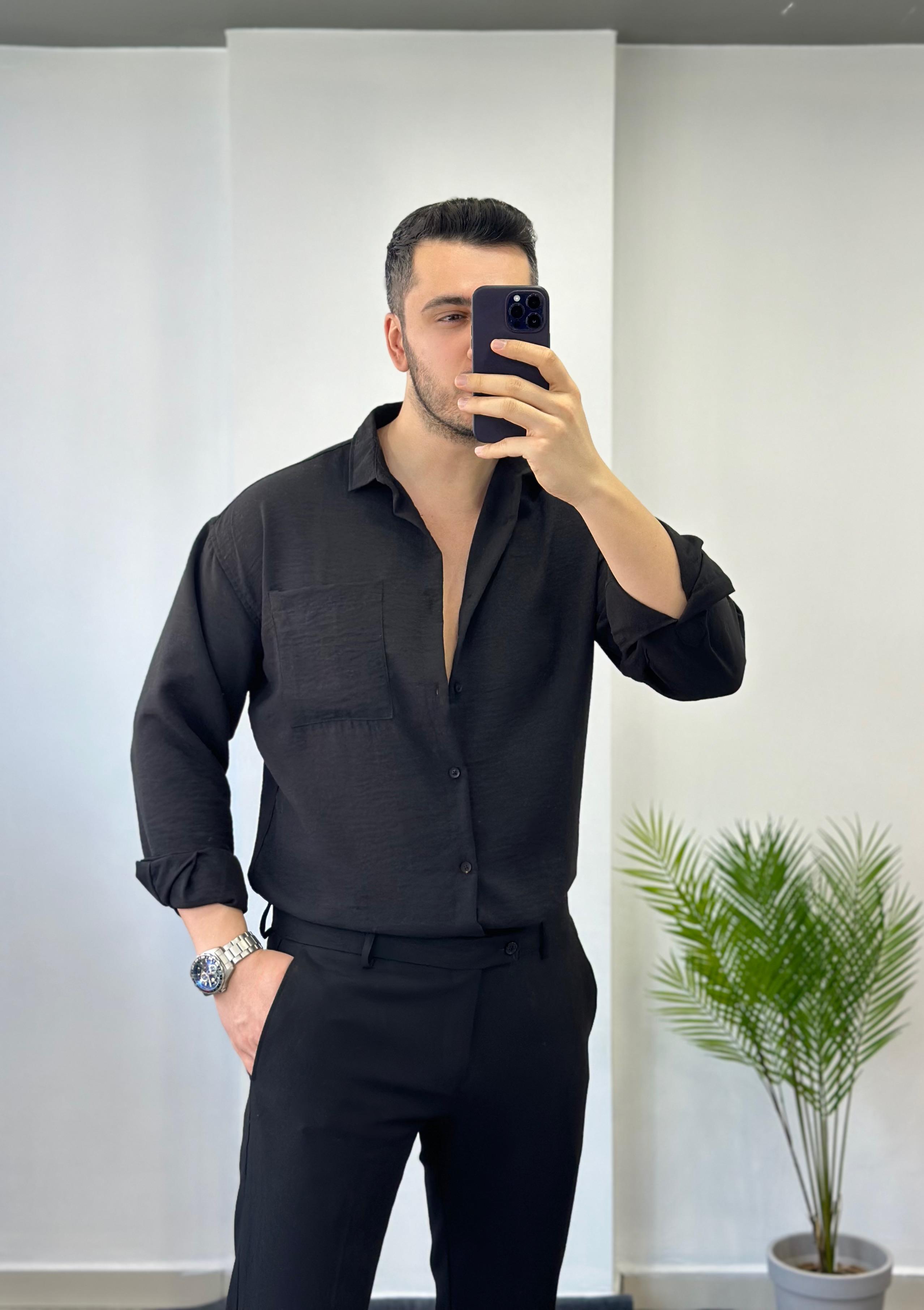 Cepli Siyah Oversize Keten Gömlek