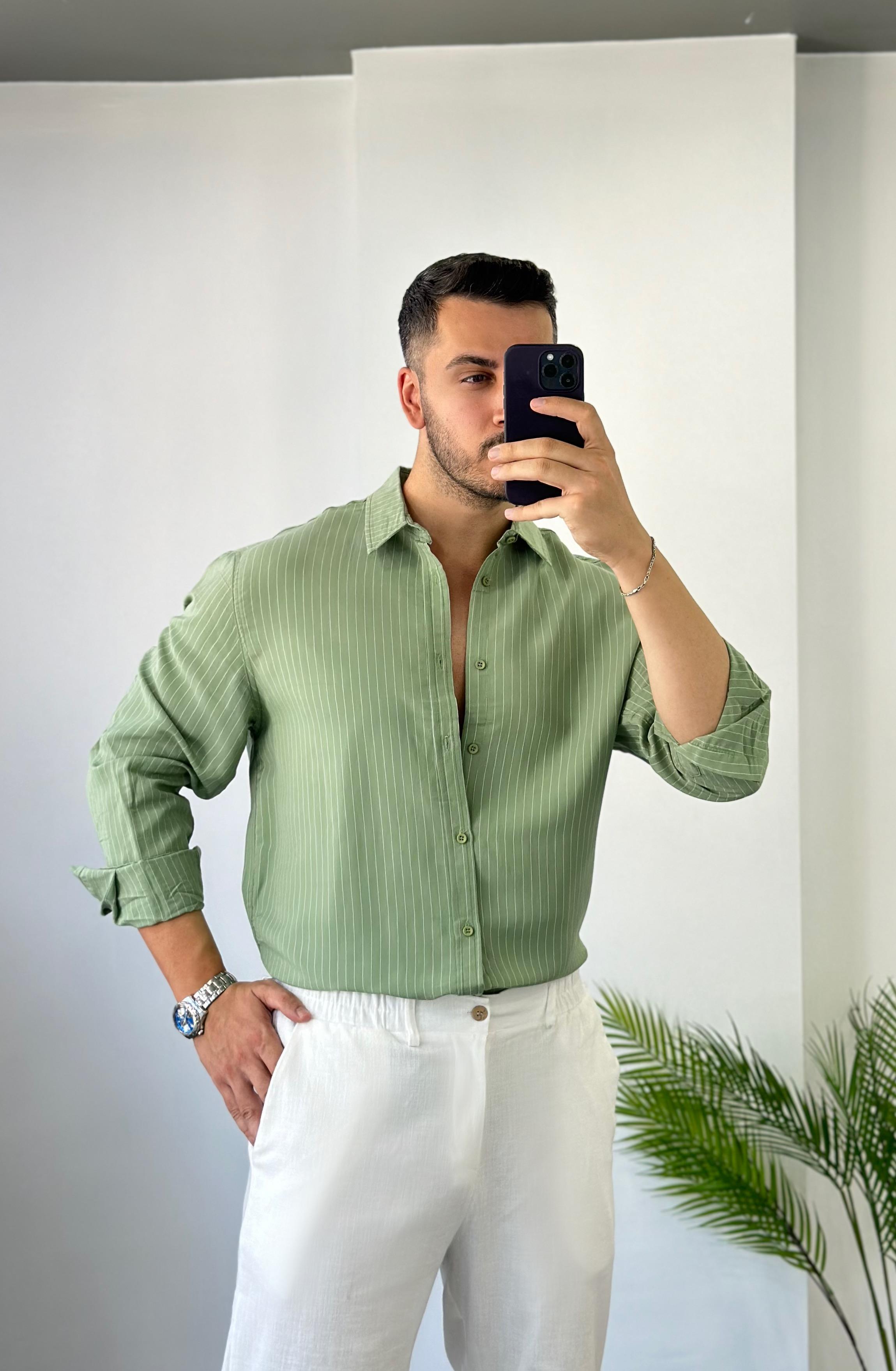 Çizgili Mint  Oversize Tensel Keten Gömlek 