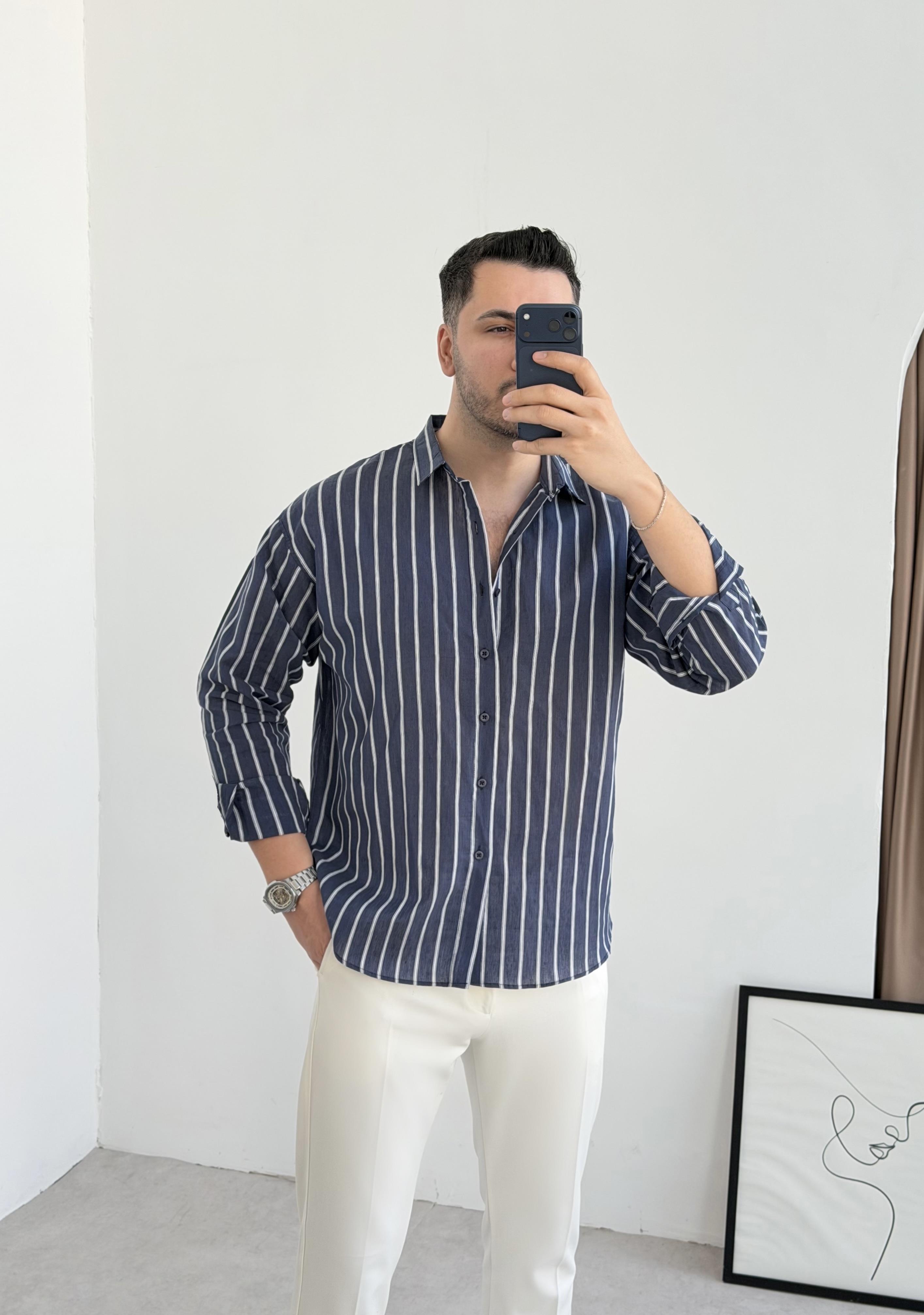 Clean Lacivert Çizgili Oversize Keten Gömlek