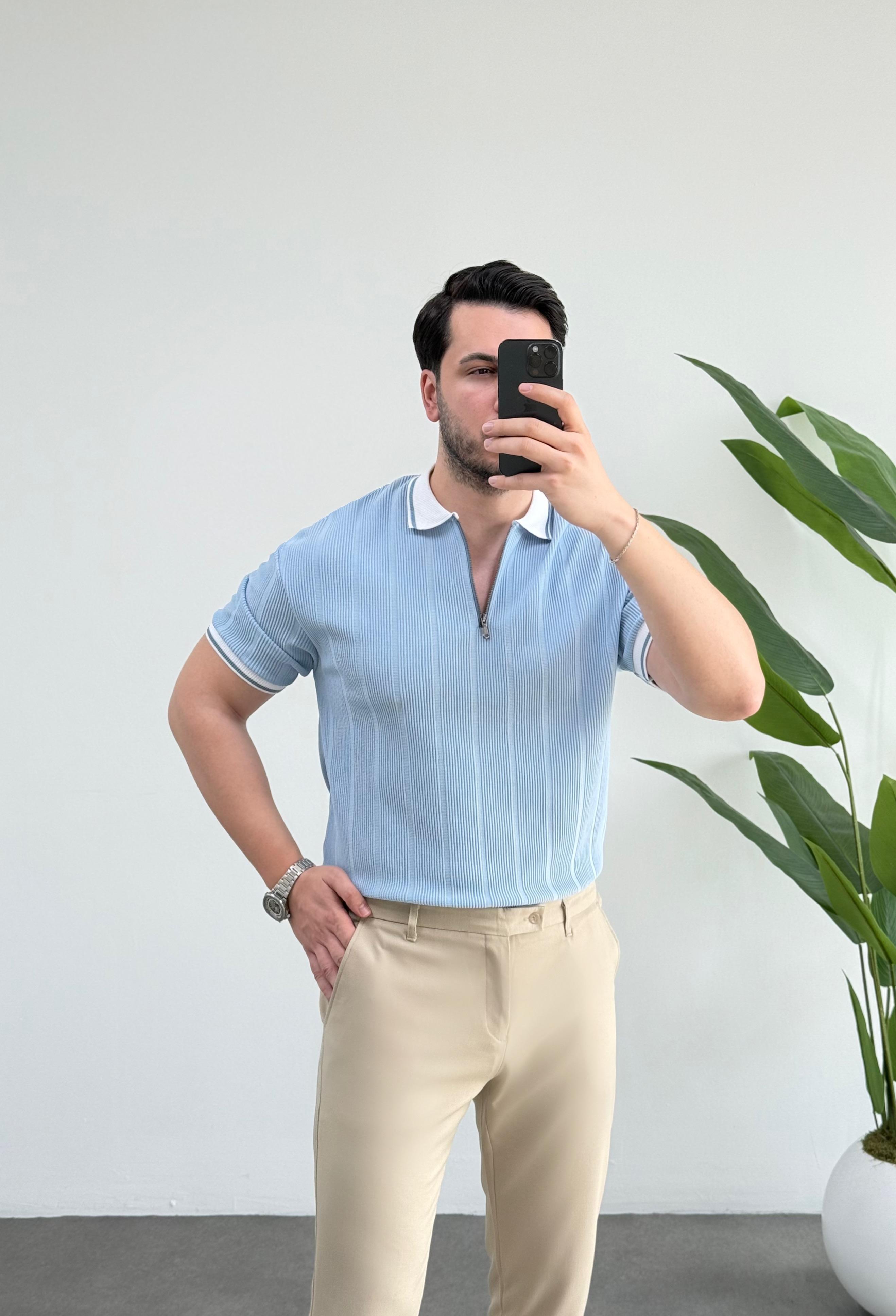 Comfort Mavi Fermuarlı Örme Tişört 