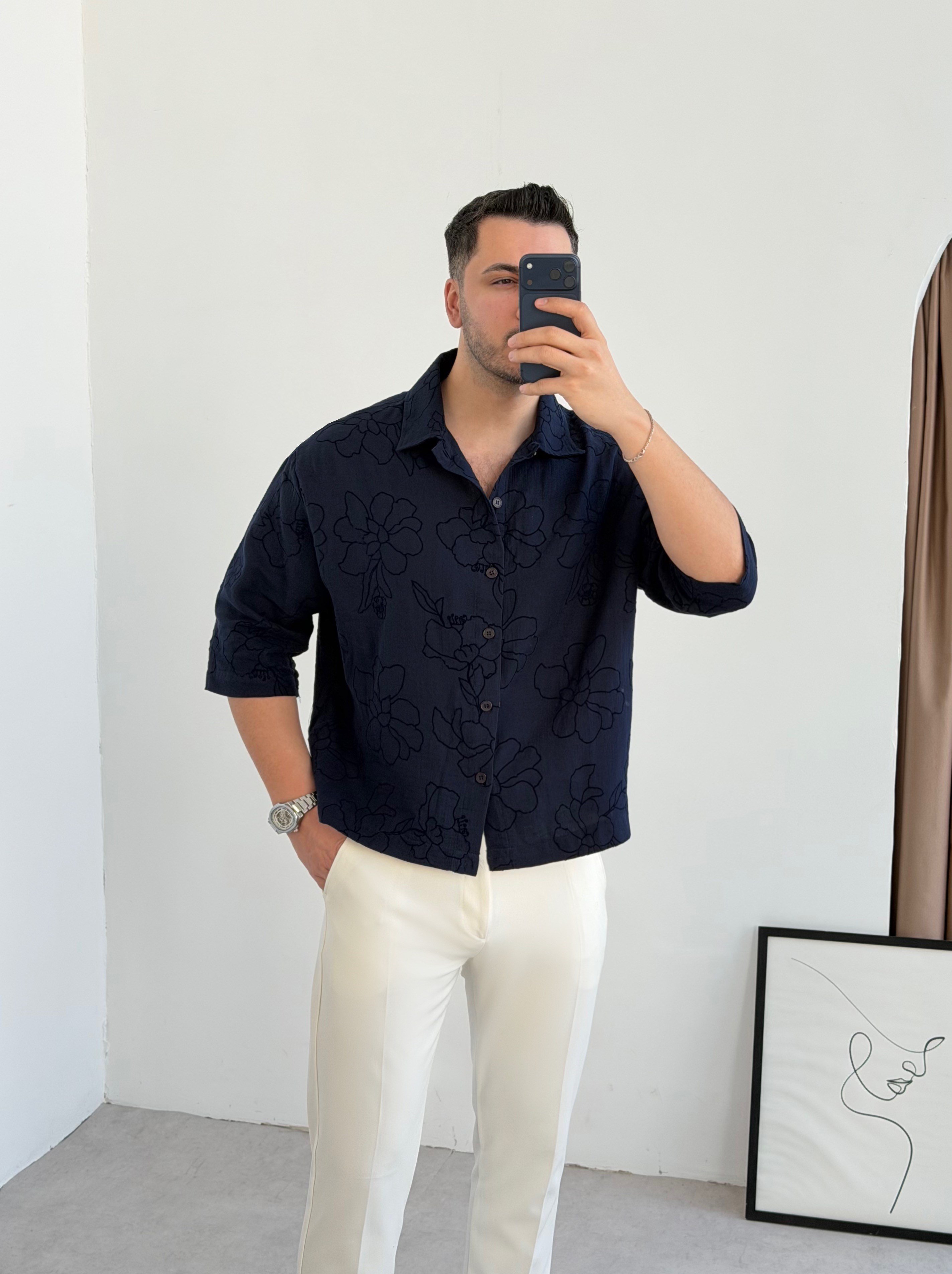 Dionel Krop Lacivert Oversize Keten Gömlek