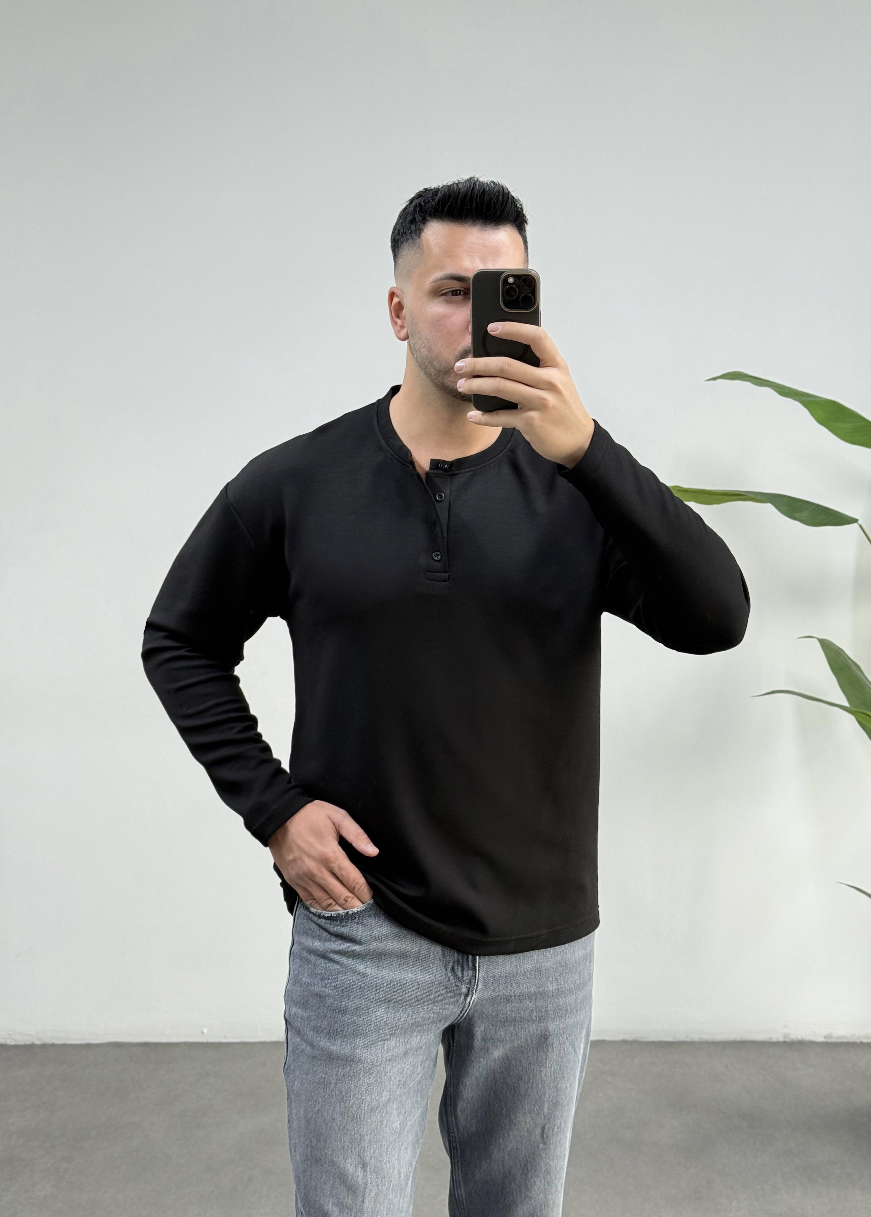 Dokulu Oysho Yaka Düğmeli Siyah Sweat