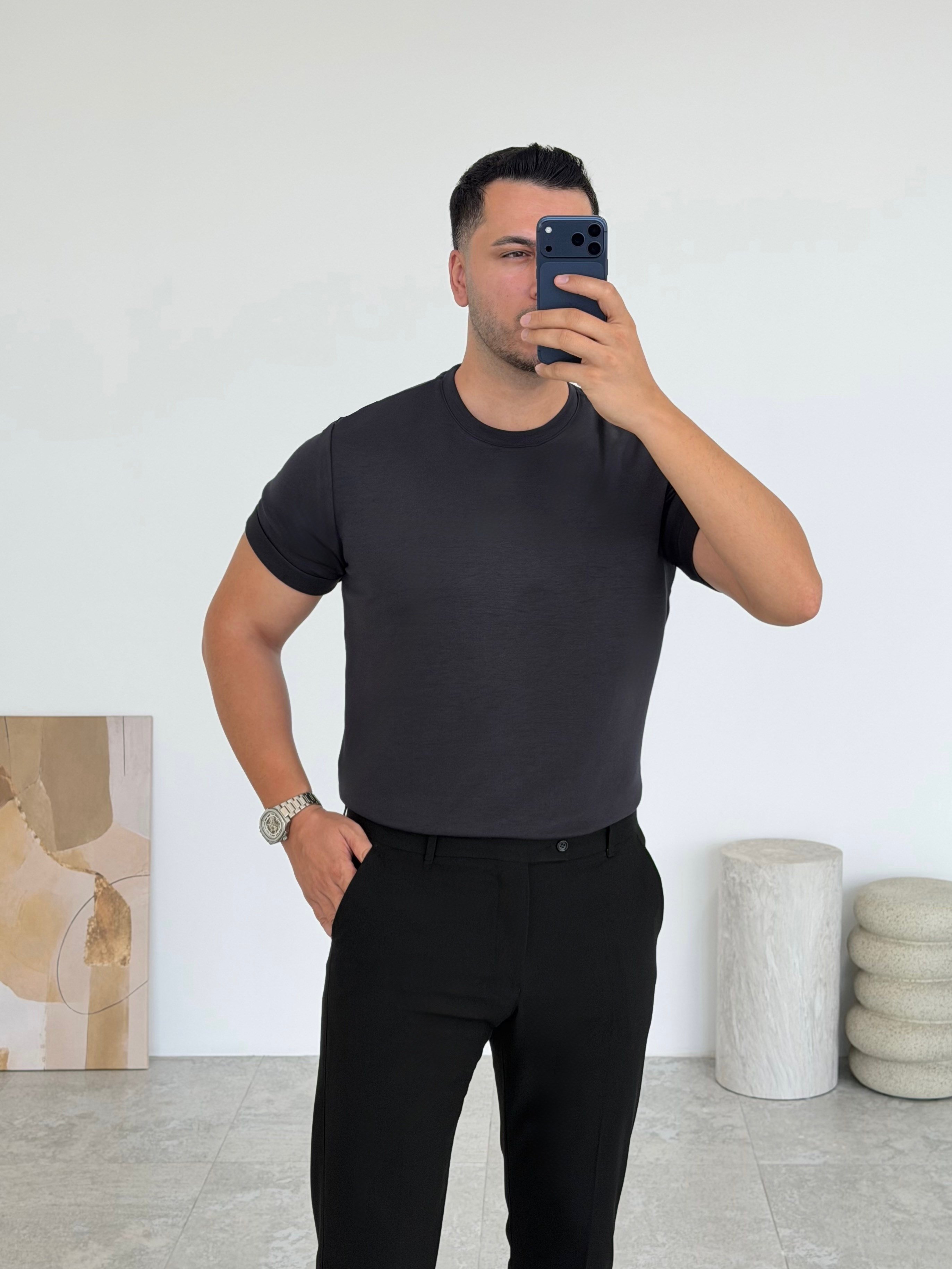 Double Face Yarım Oversize Antrasit Tişört