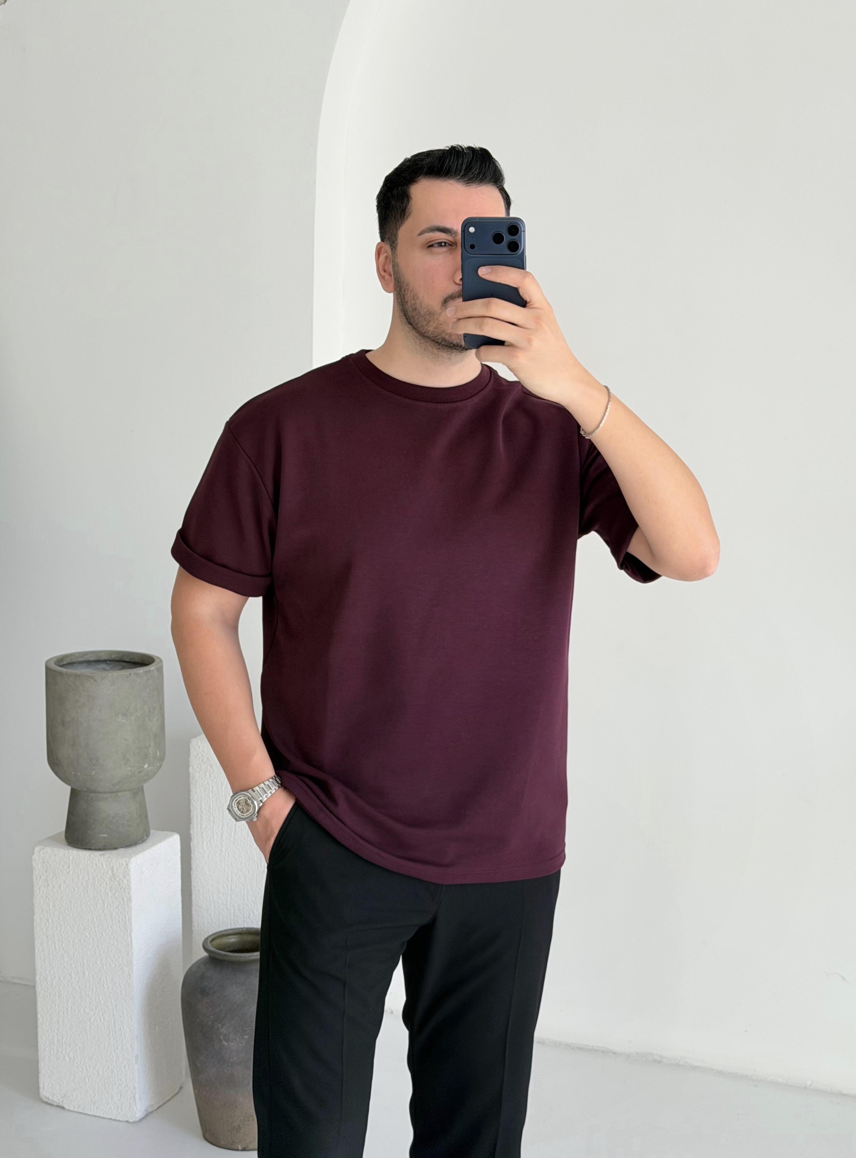 Double Face Yarım Oversize Bordo Tişört