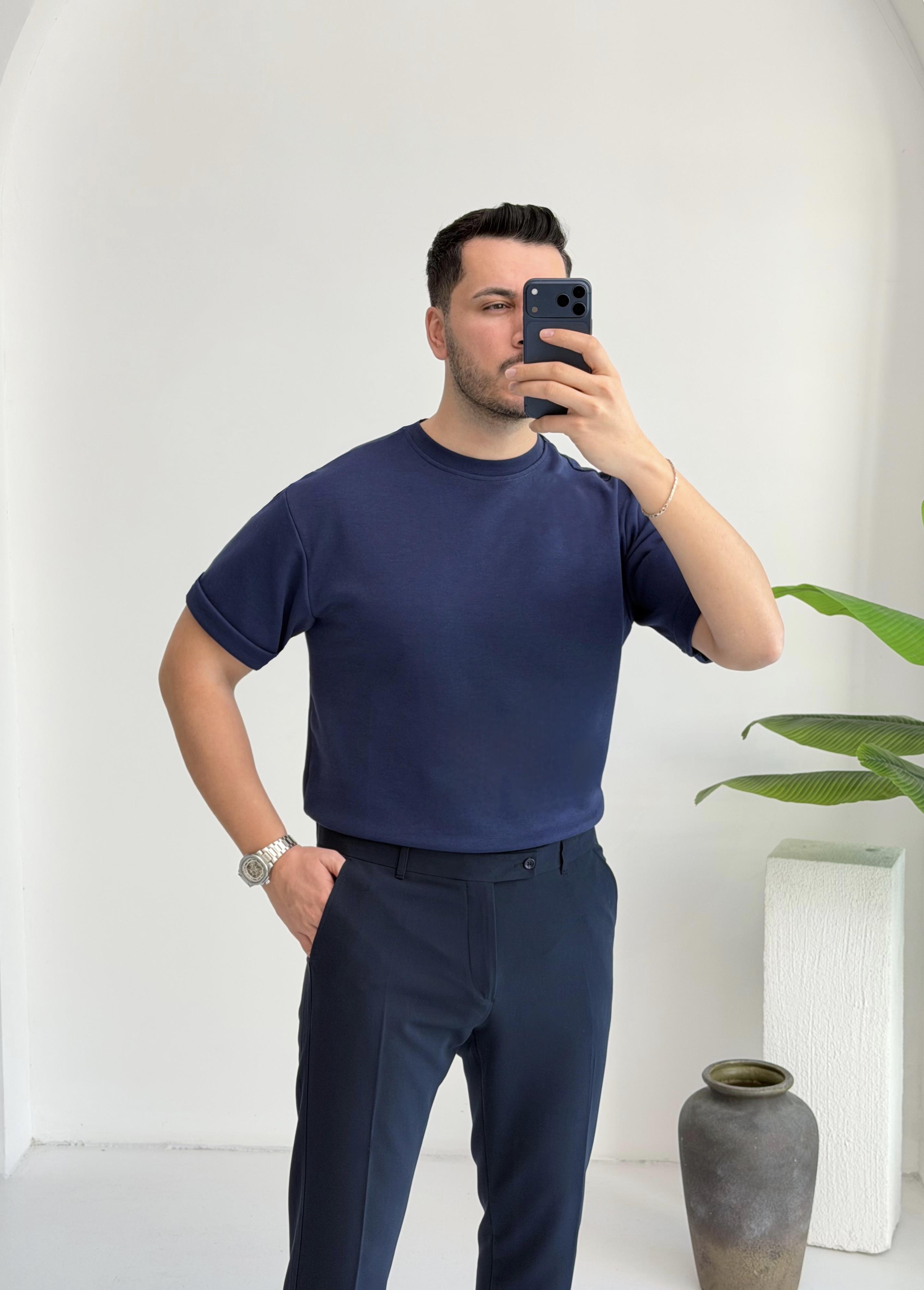 Double Face Yarım Oversize Lacivert Tişört