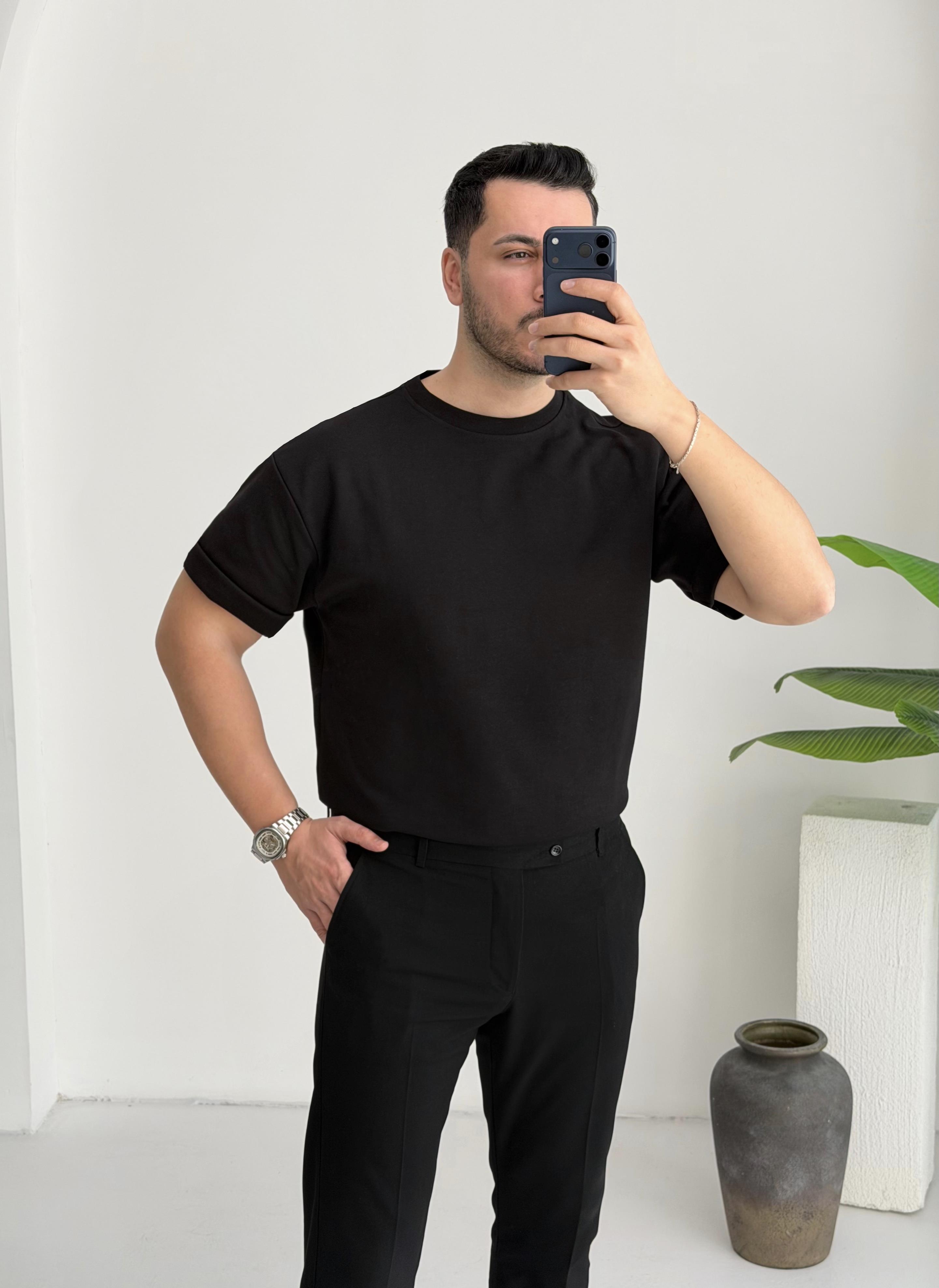 Double Face Yarım Oversize Siyah Tişört