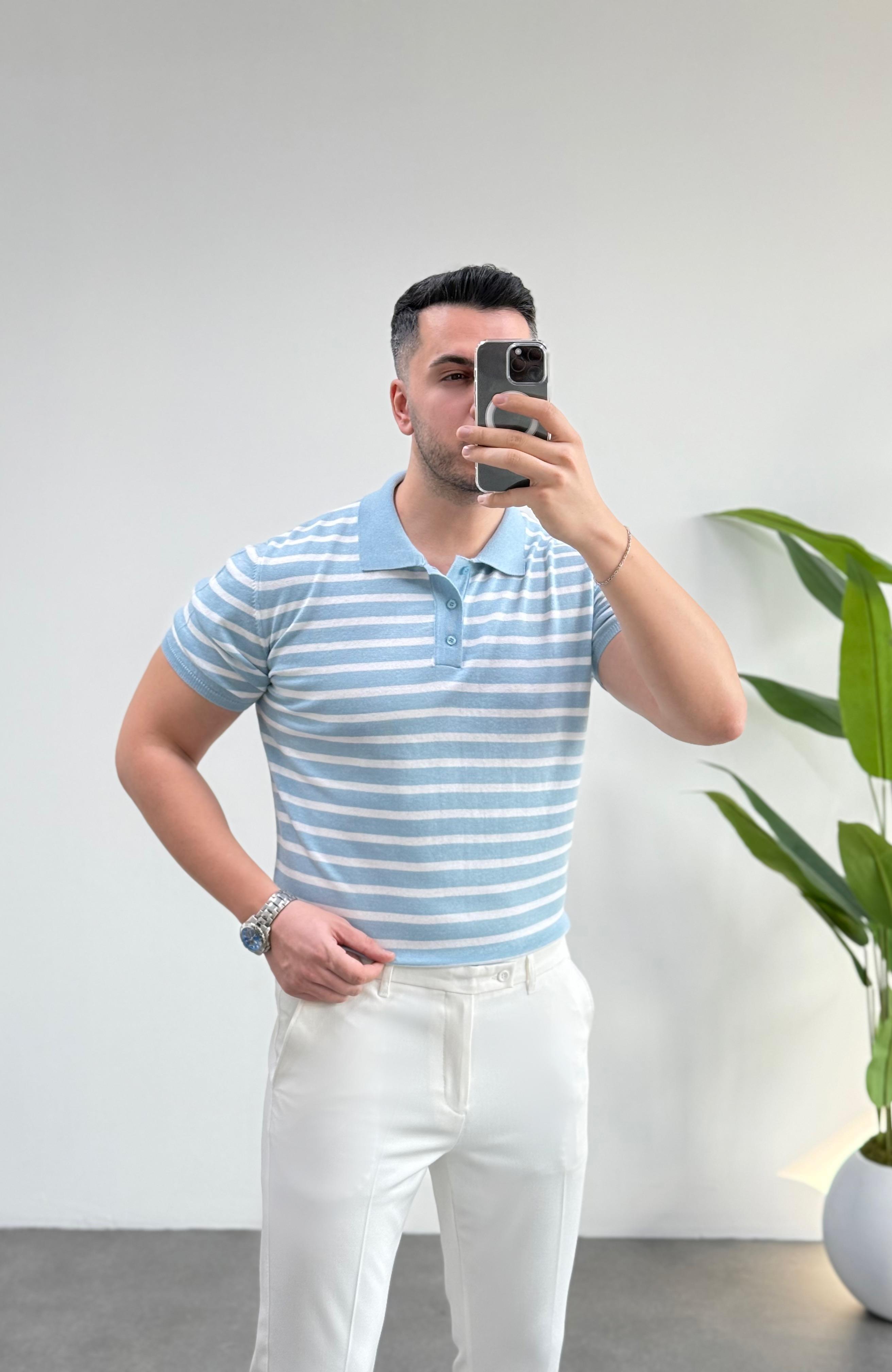 Düğmeli Mavi Çizgili Polo Yaka Tişört 