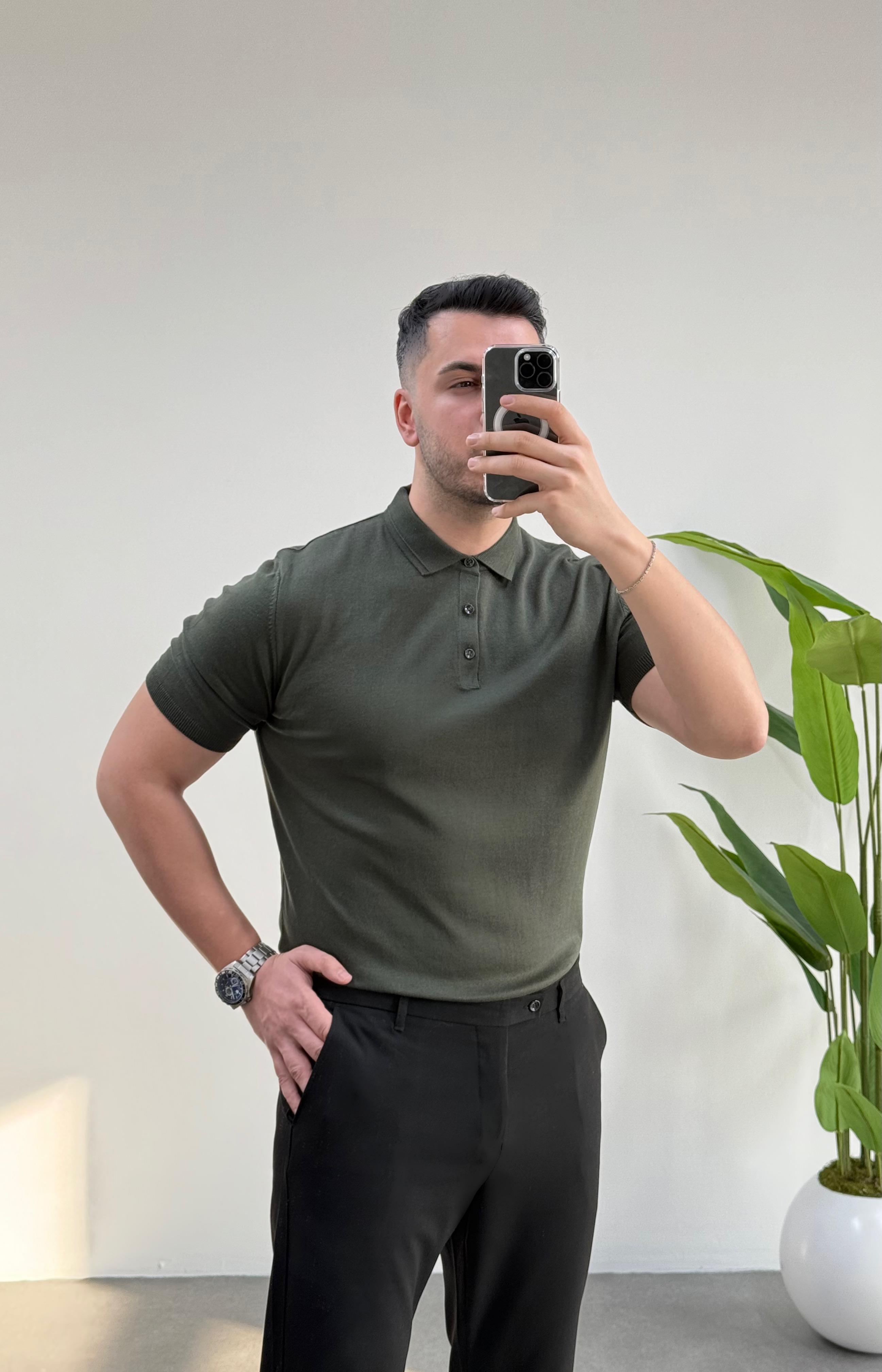 Düğmeli Polo Yaka Haki Örme Tişört 