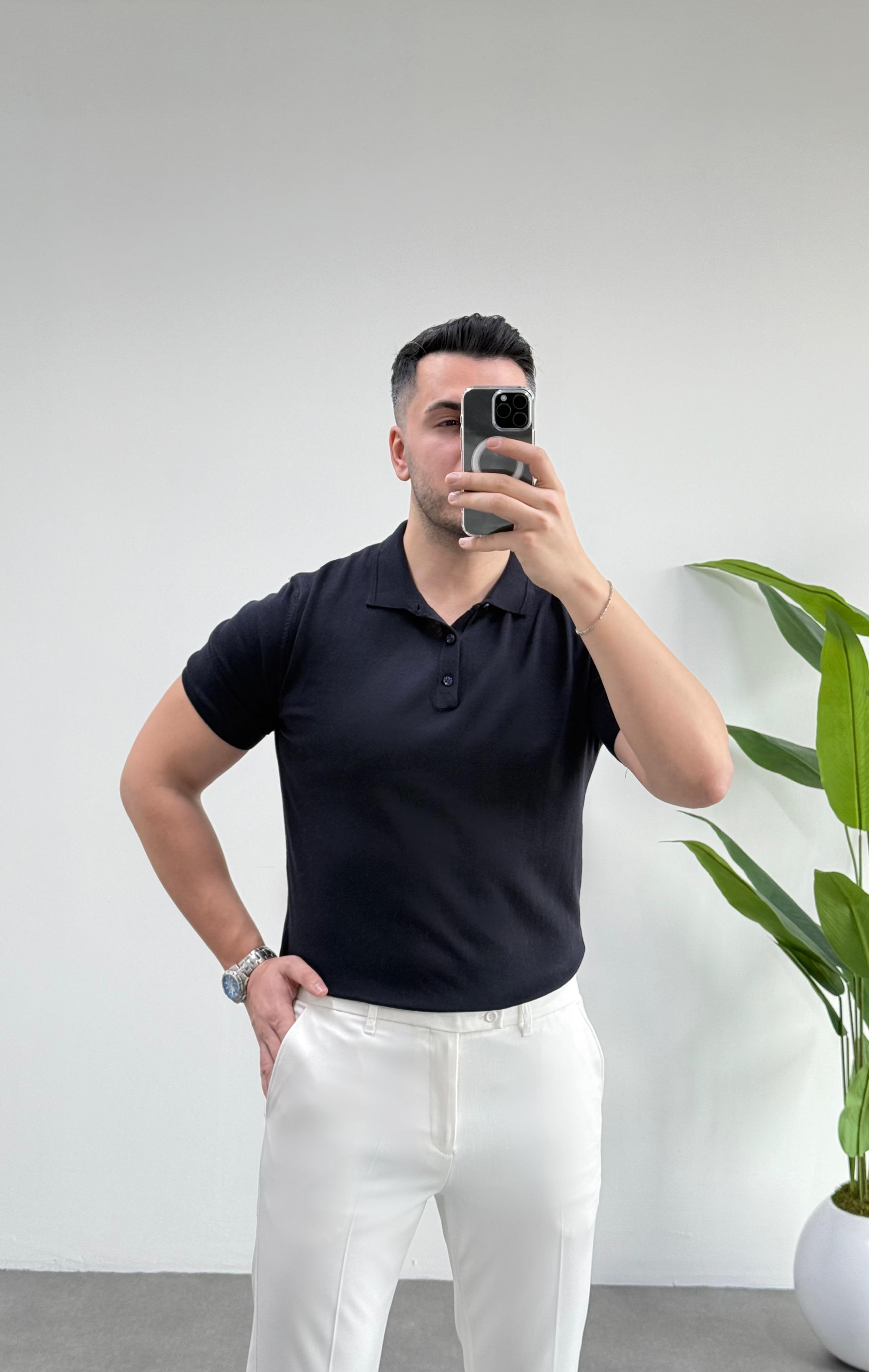 Düğmeli Polo Yaka Lacivert Örme Kazak