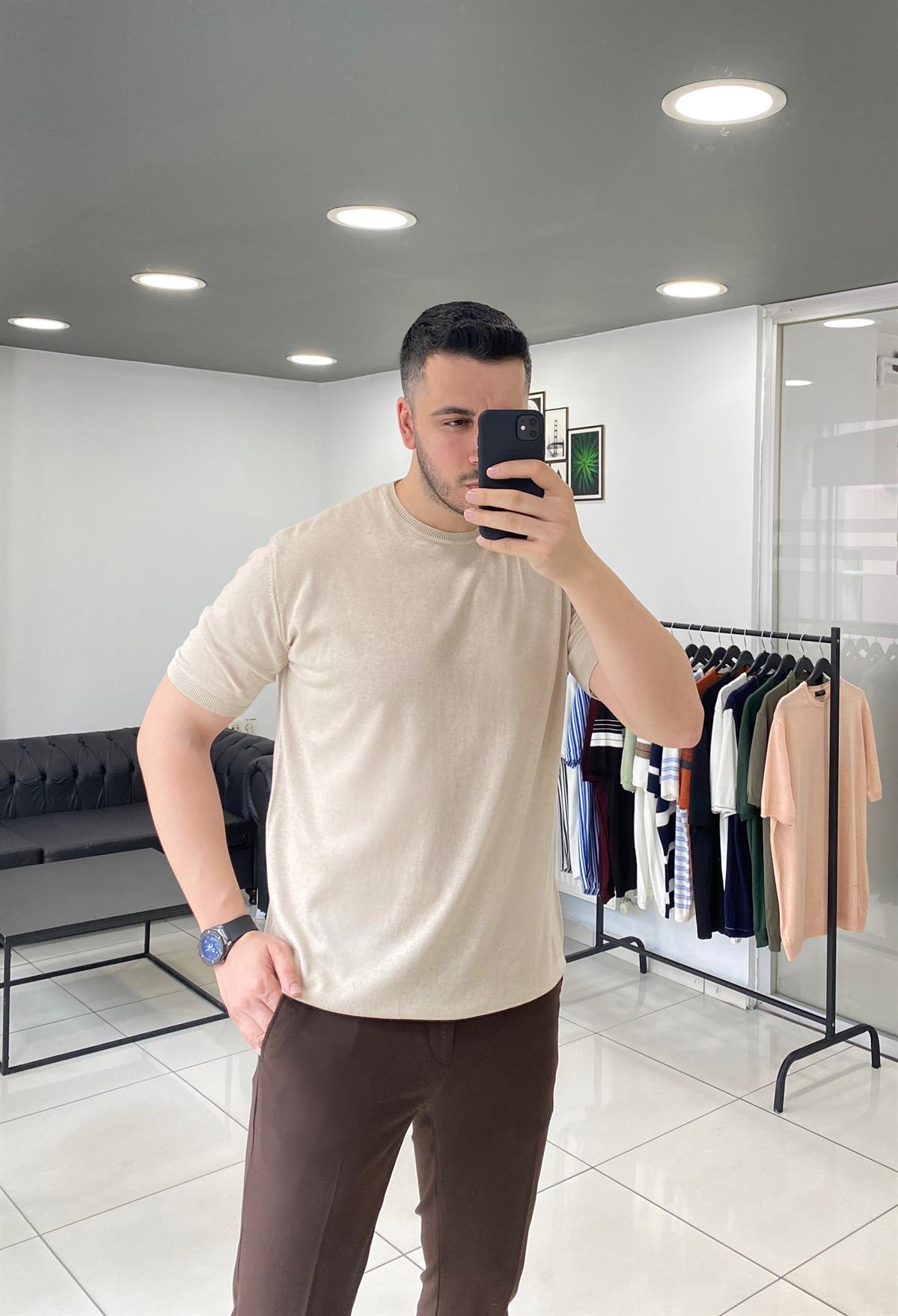 Düz Bej Örme Triko Tişört 