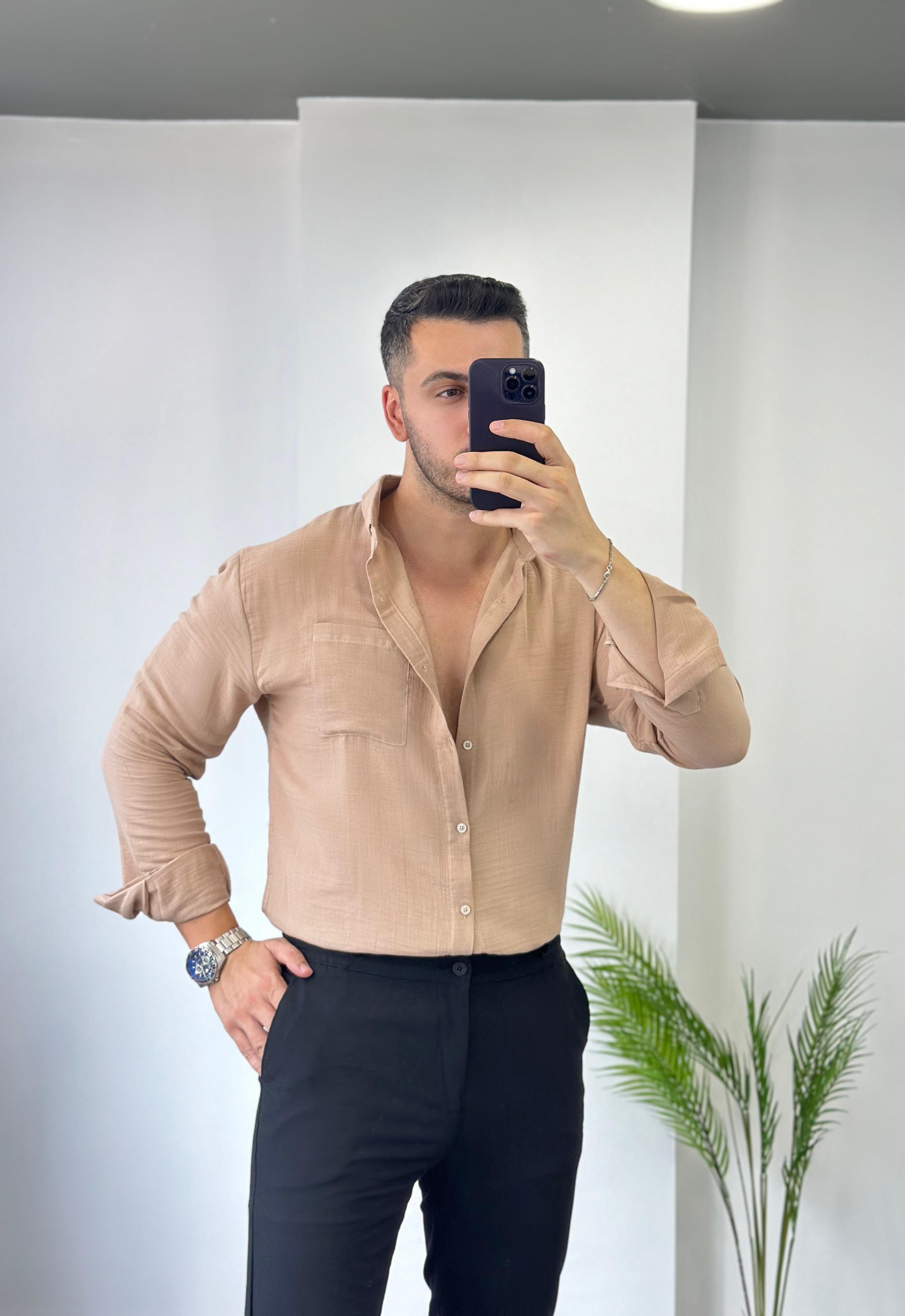 Düz Bej Oversize Keten Gömlek