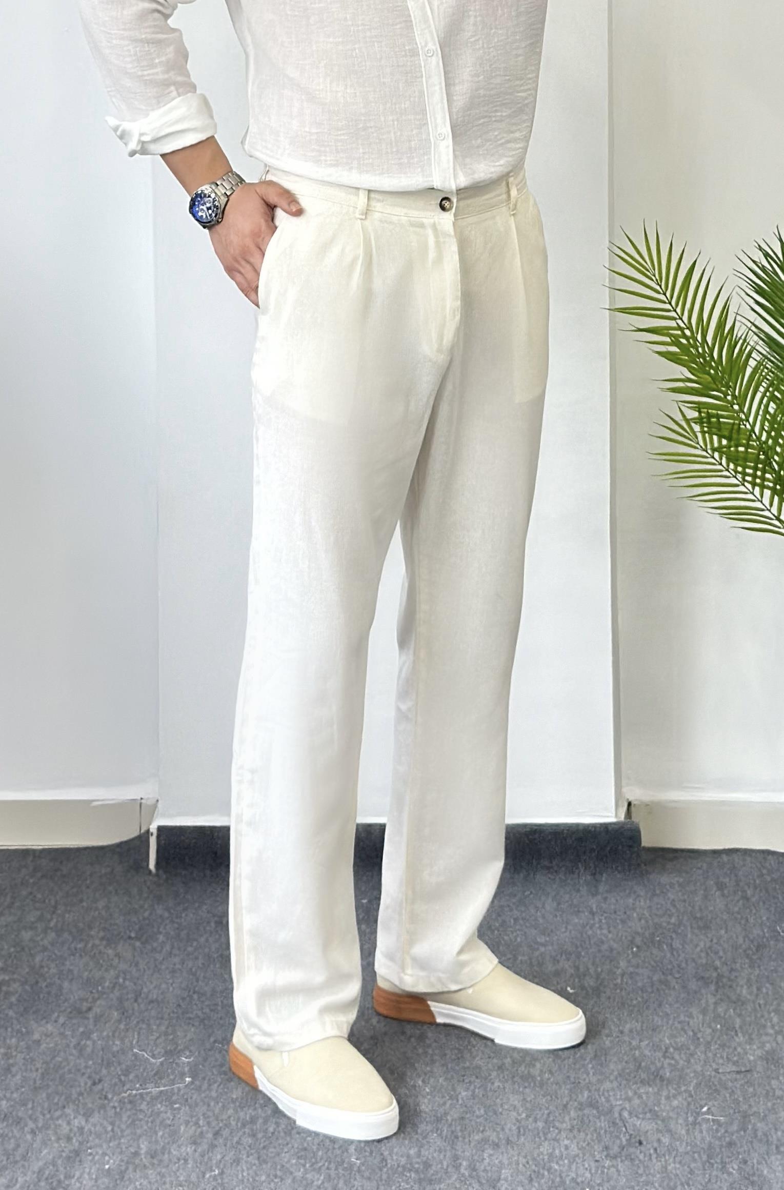 Ekru Ham Keten Baggy Pantolon 