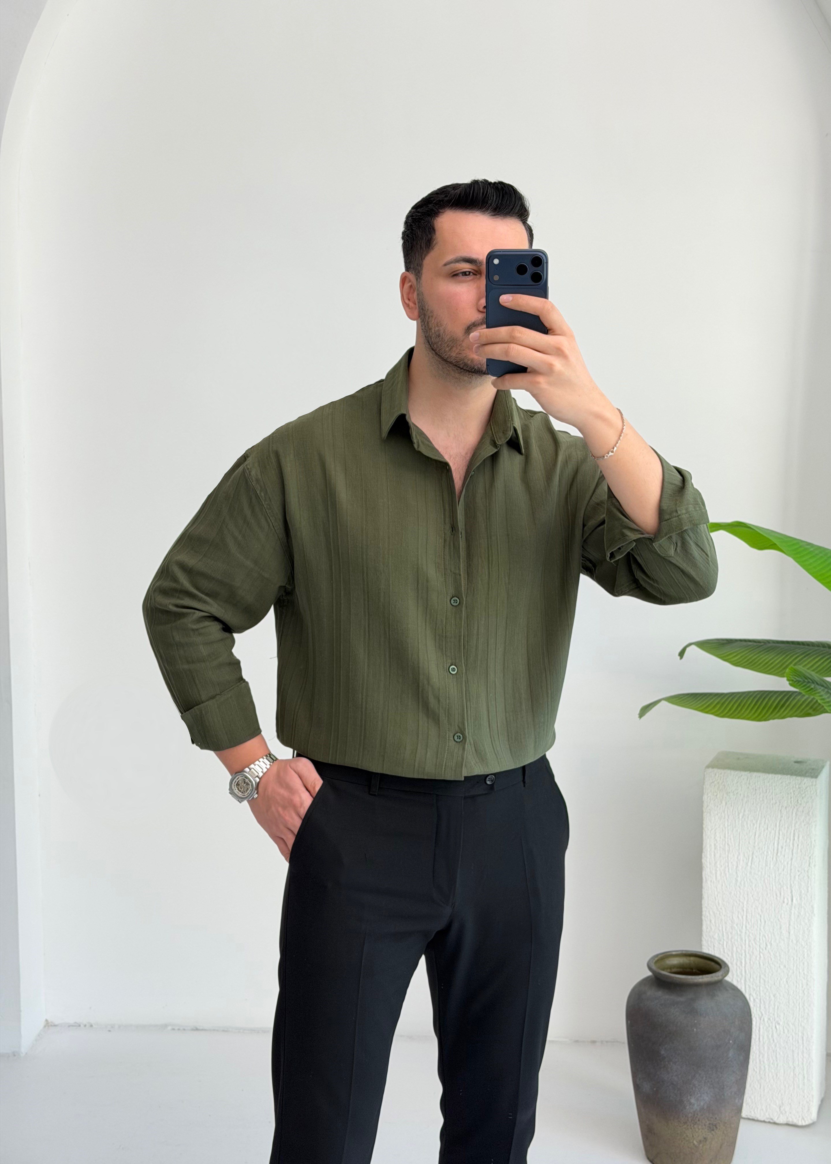 Elite Haki Oversize Müslin Keten Gömlek 