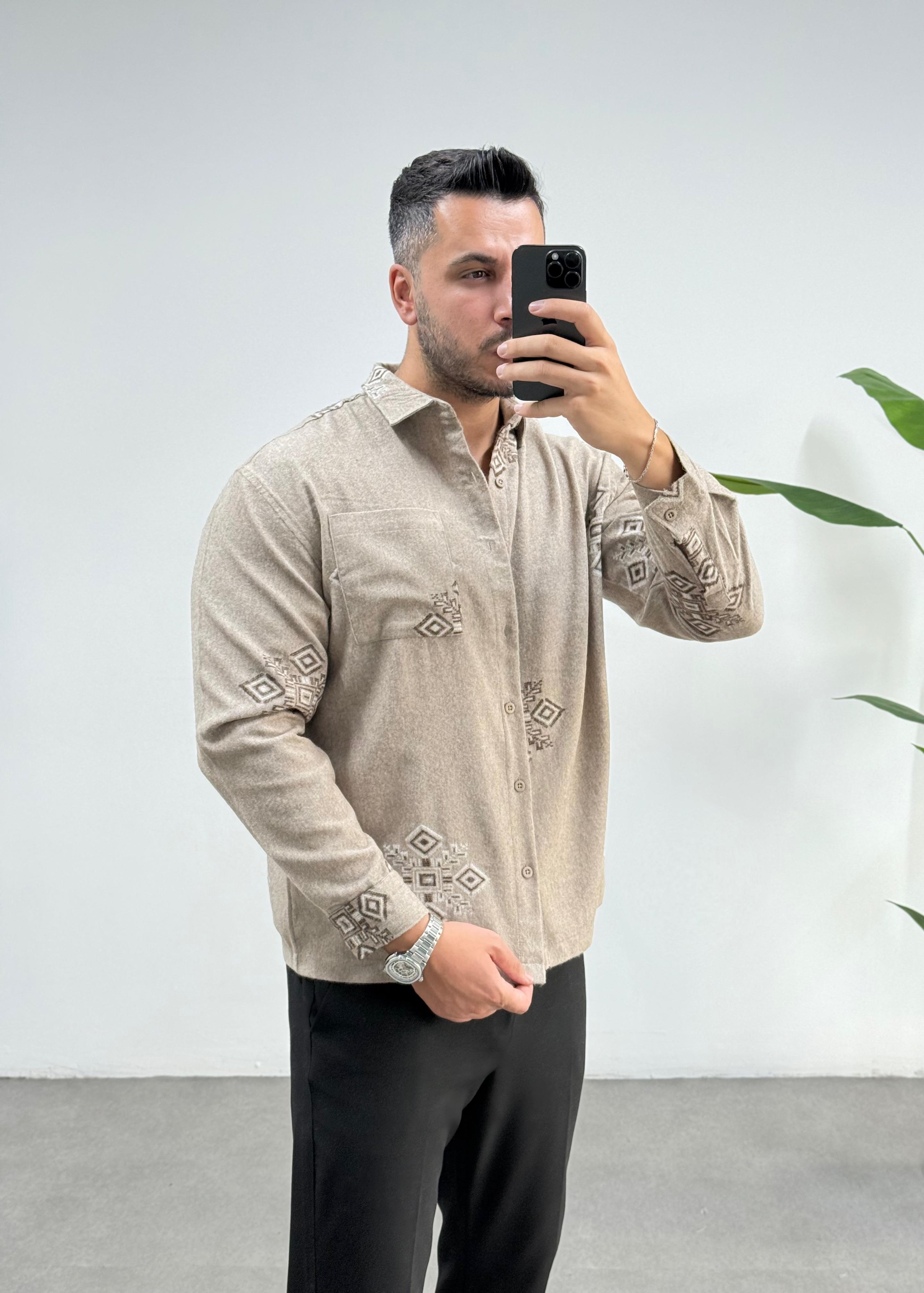 Etnik Kaşmir Bej Oversize Gömlek 