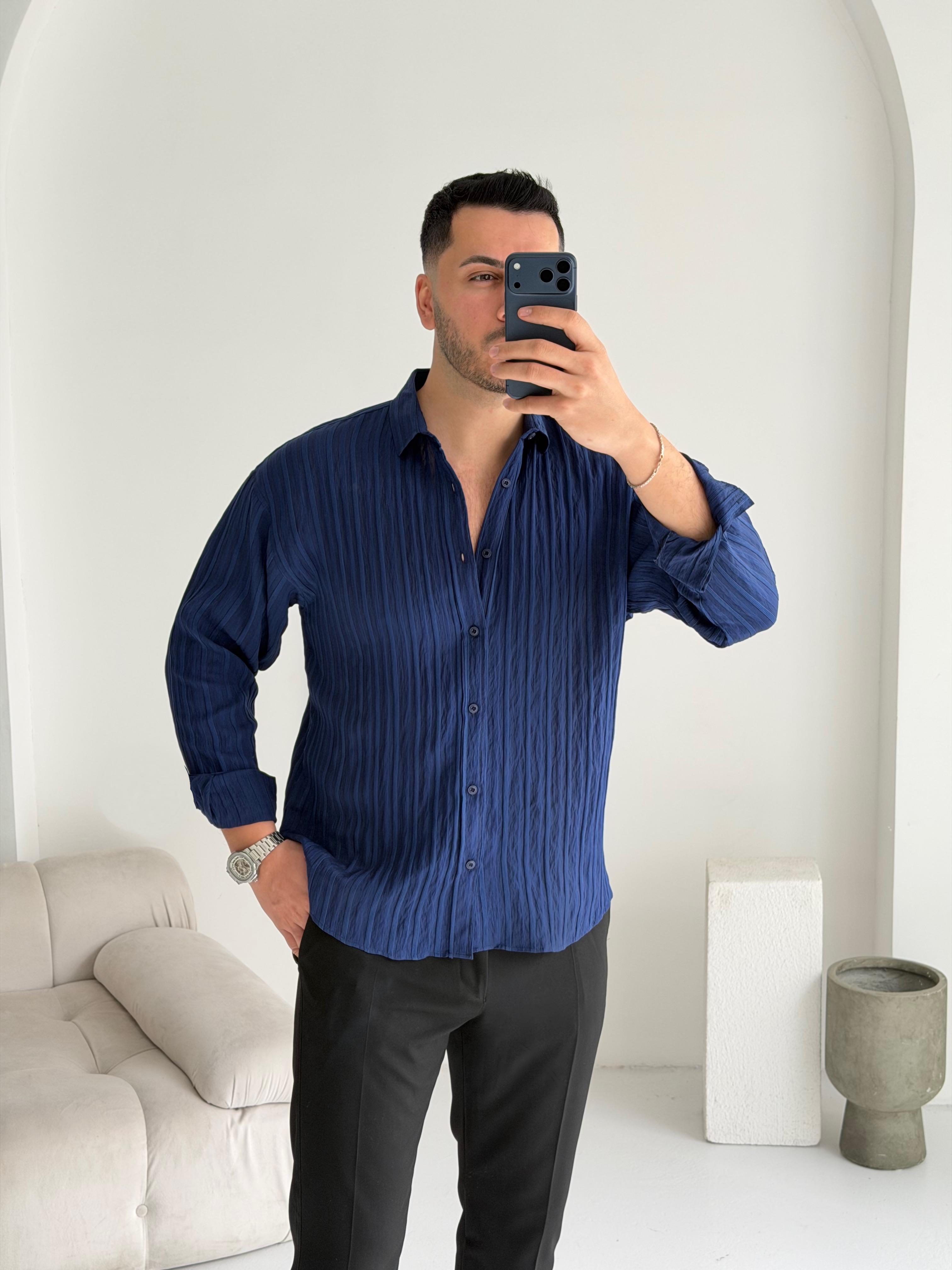 Fawer Lacivert Oversize Tensel Gömlek 