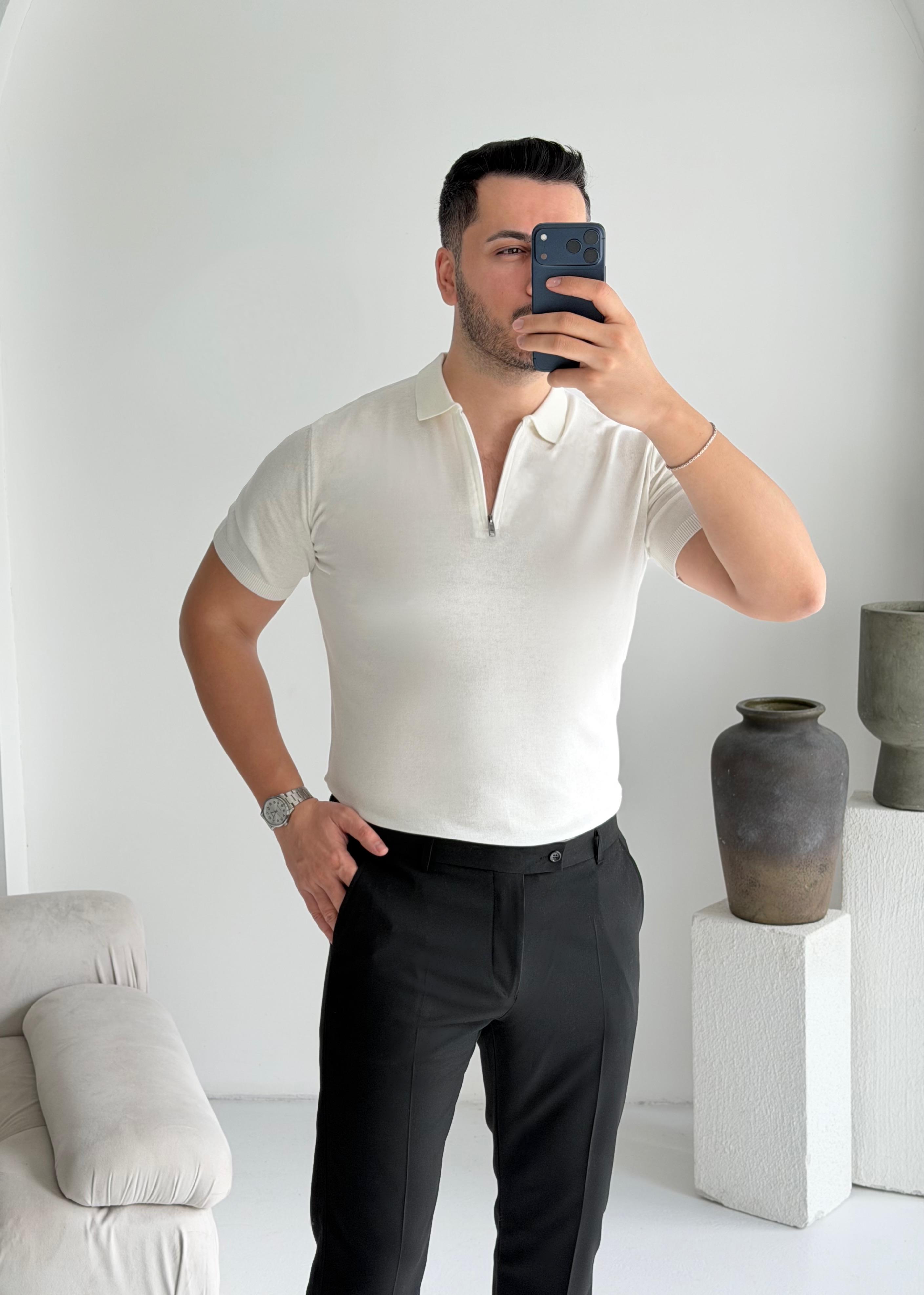 Fermuarlı Beyaz Örme Tişört