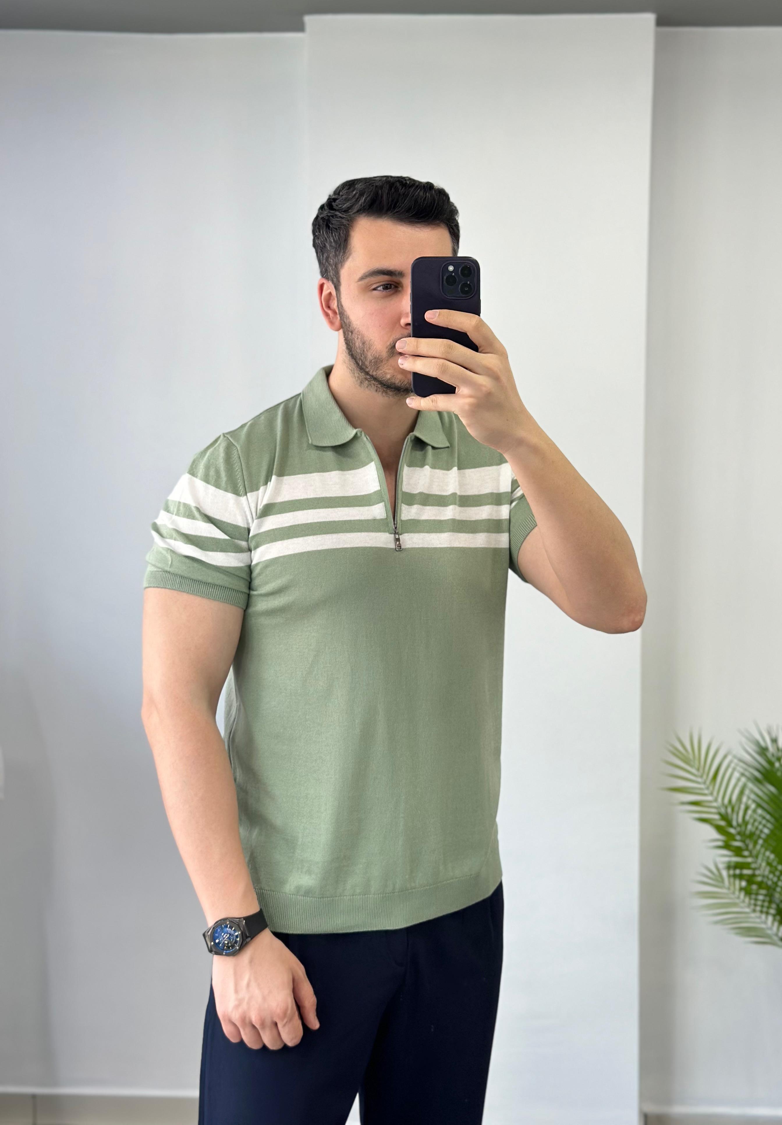 Fermuarlı Göğüs Çizgili Mint Triko Tişört 