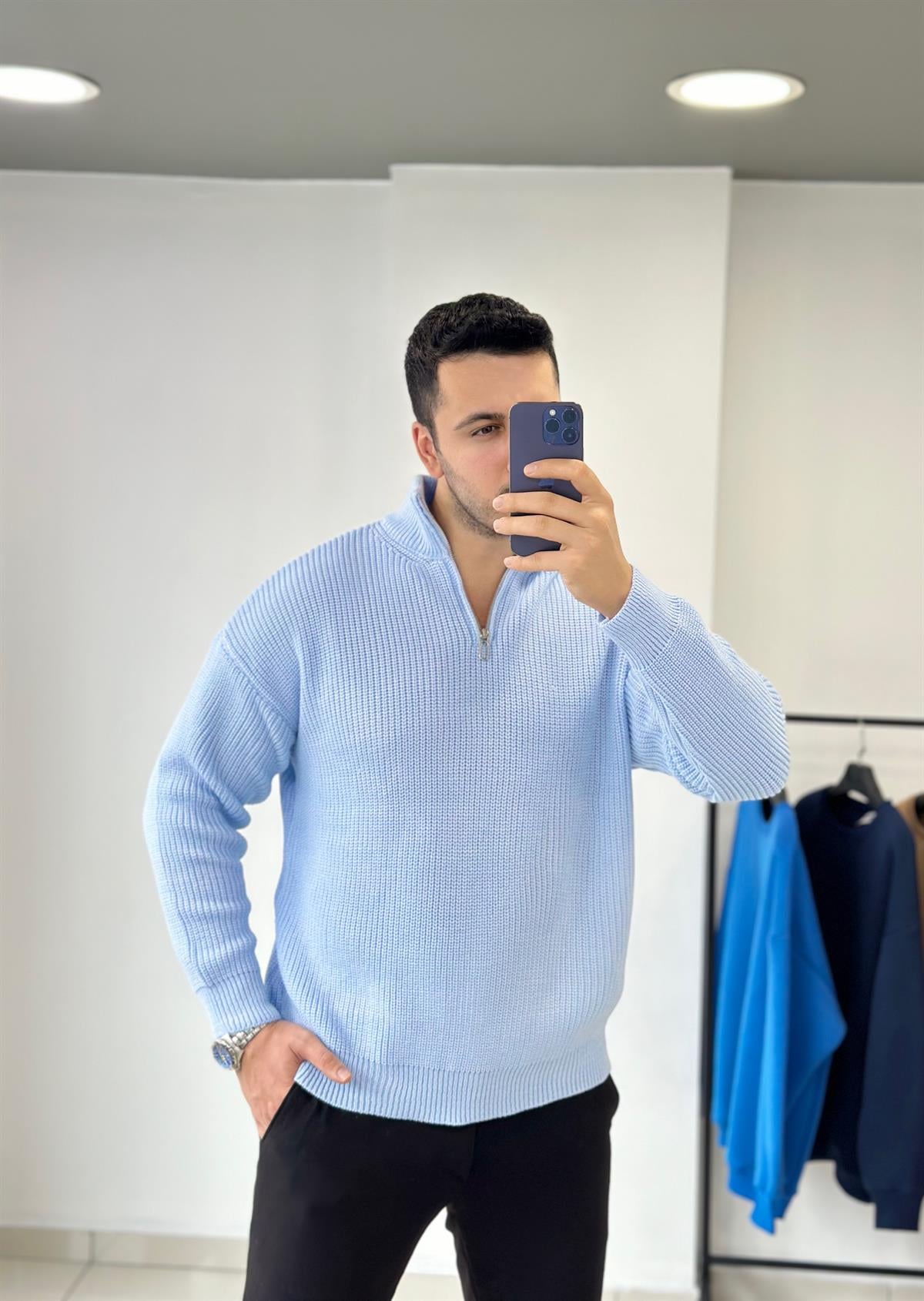 Fermuarlı Mavi Oversize Triko Kazak