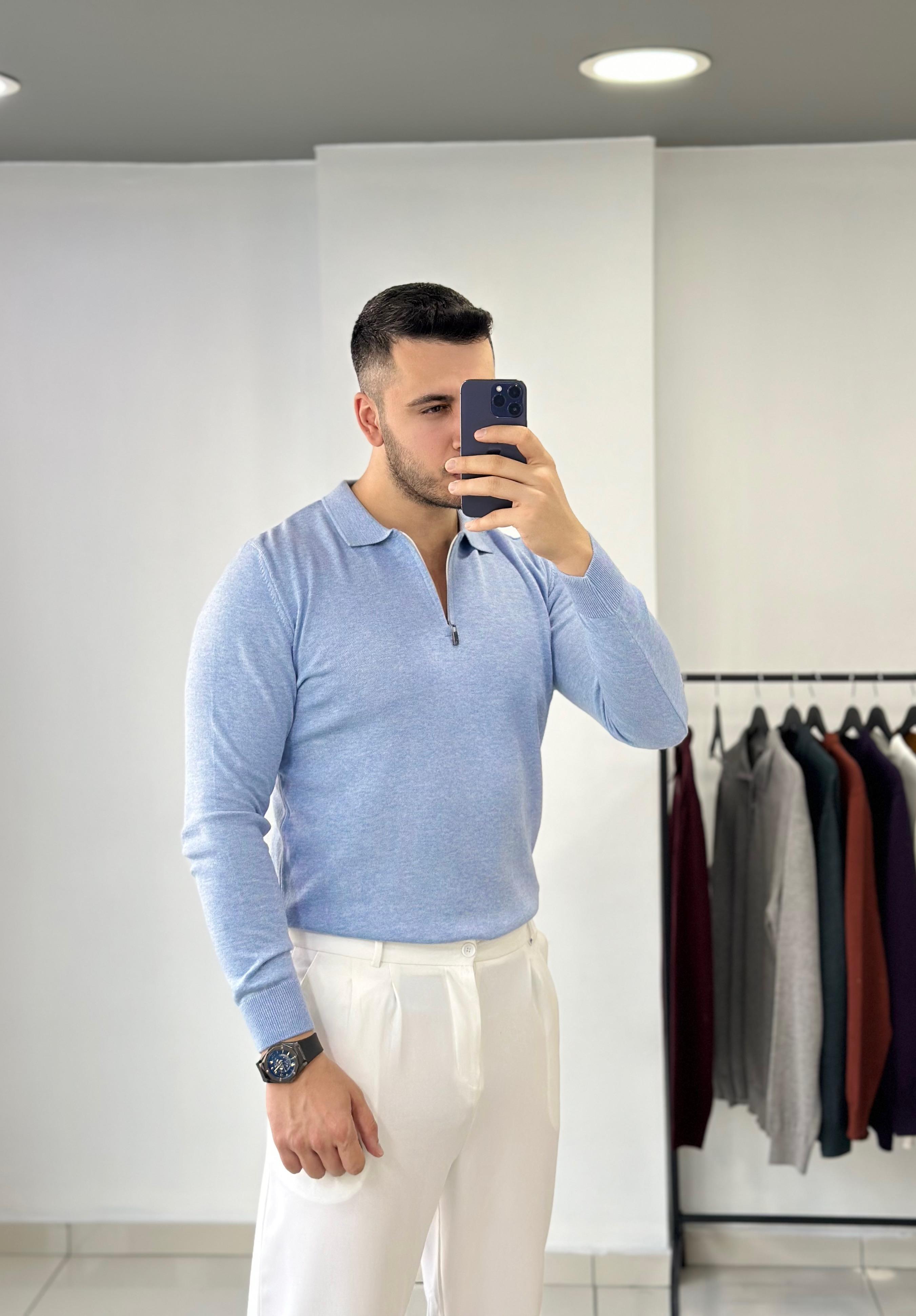 Fermuarlı Mavi Triko Kazak