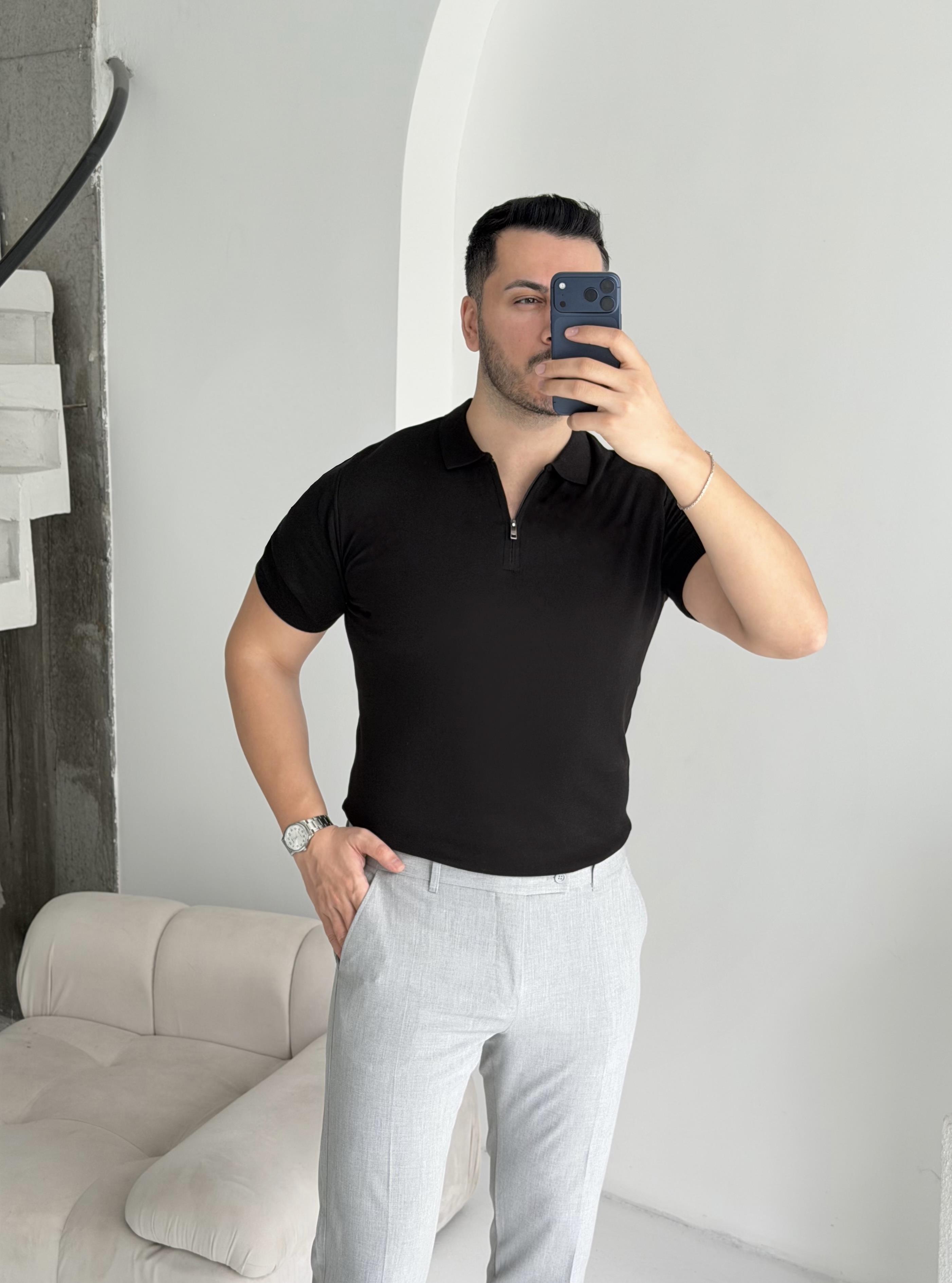 Fermuarlı Siyah Örme Tişört