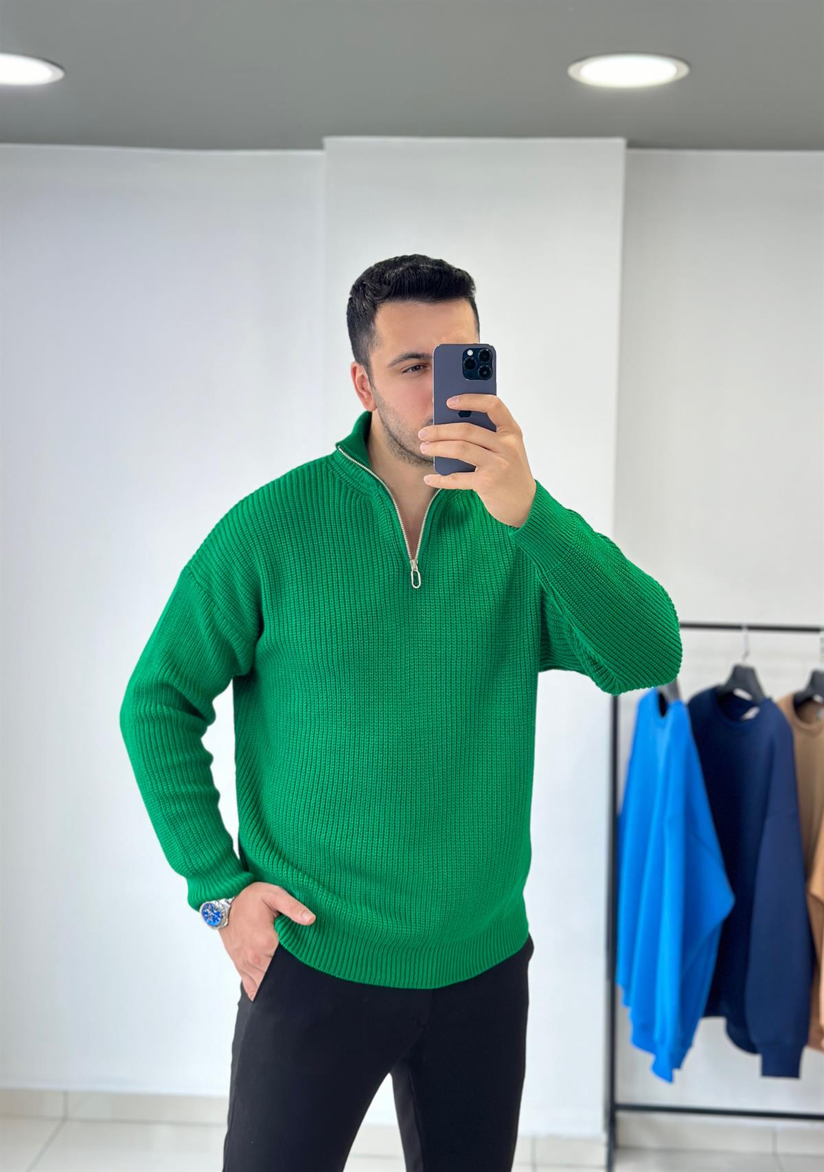 Fermuarlı Yeşil Oversize Triko Kazak