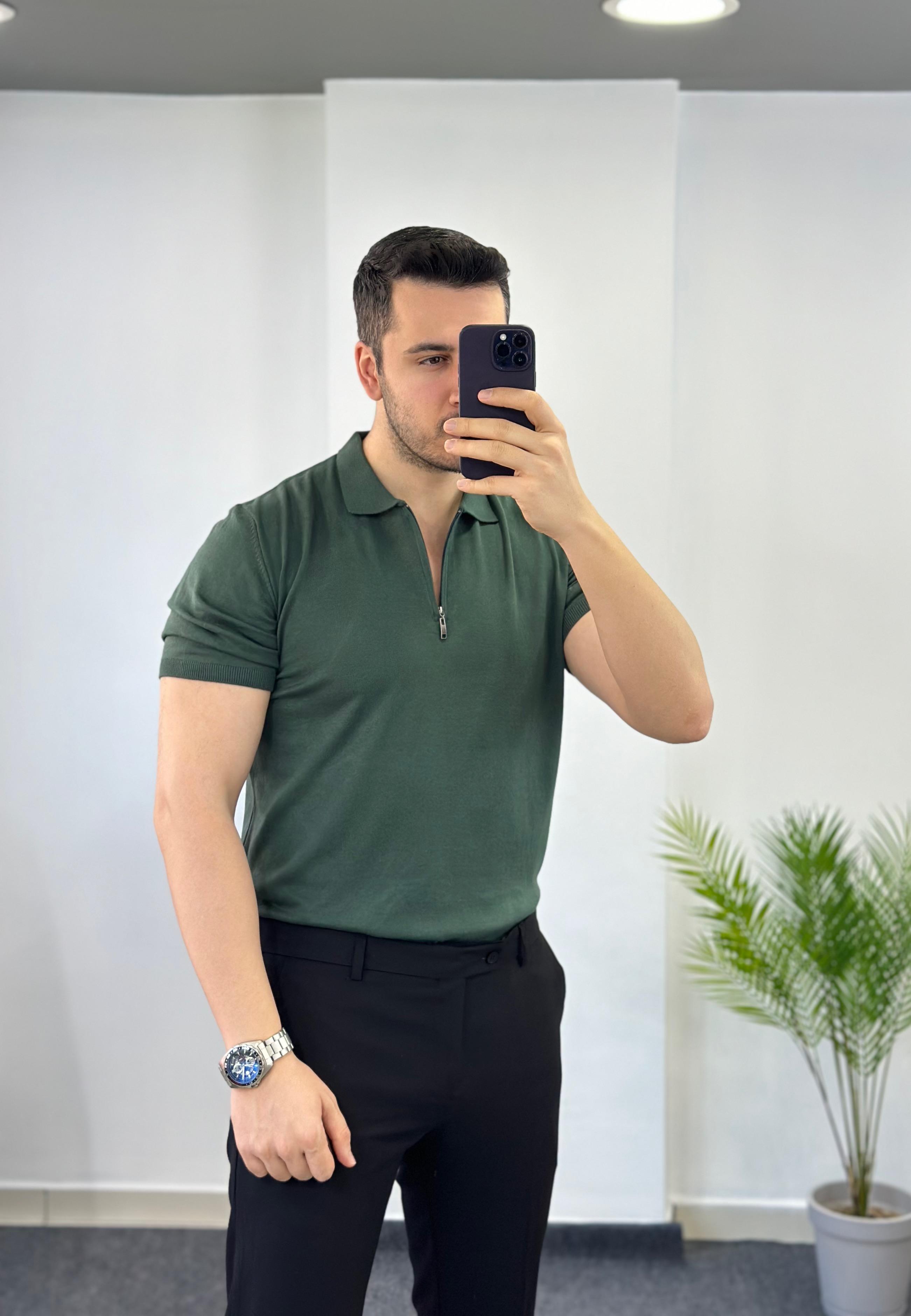 Fermuarlı Yeşil Triko Tişört