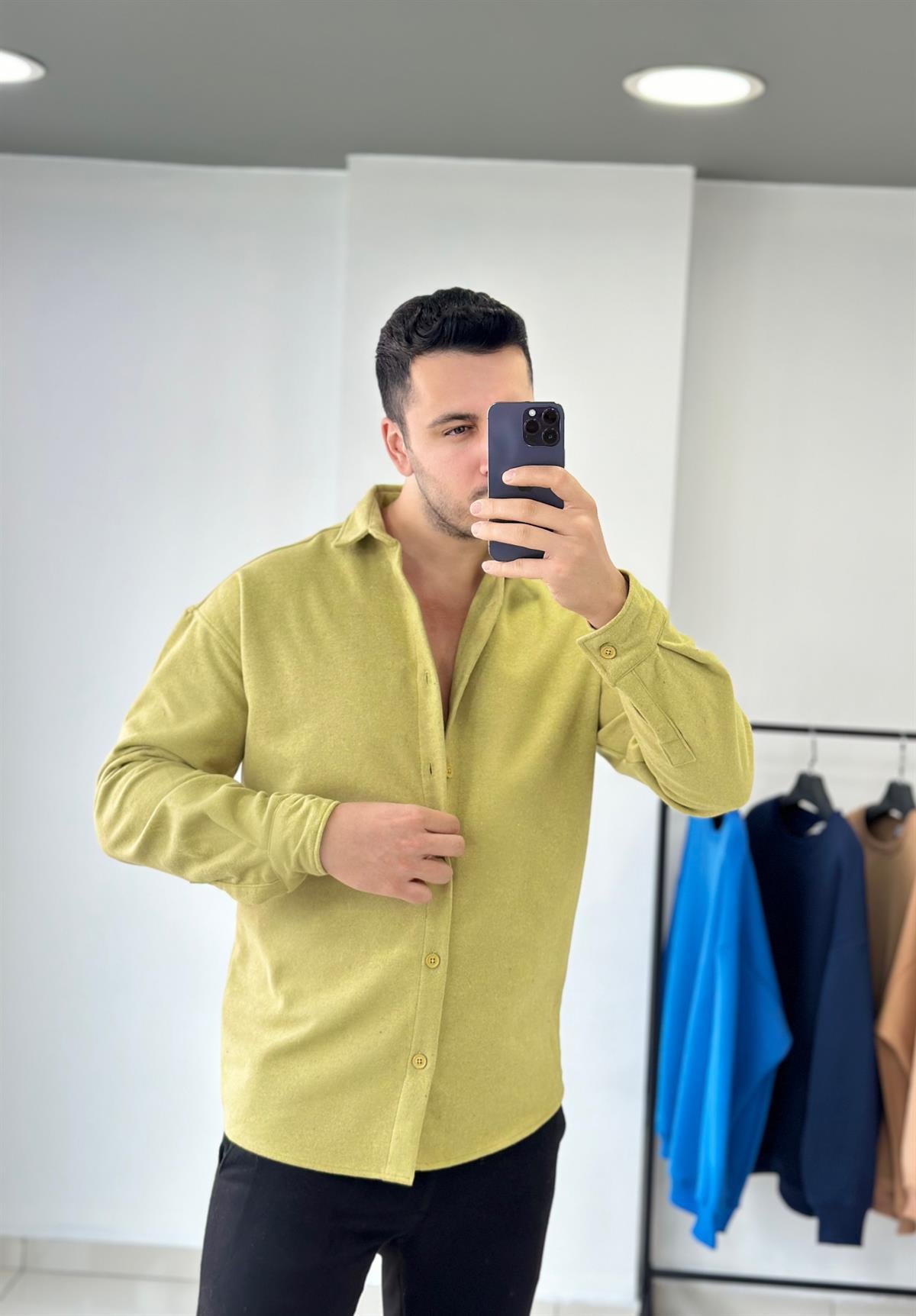 Fıstık Yeşil Oversize Kalın Kaşe Gömlek