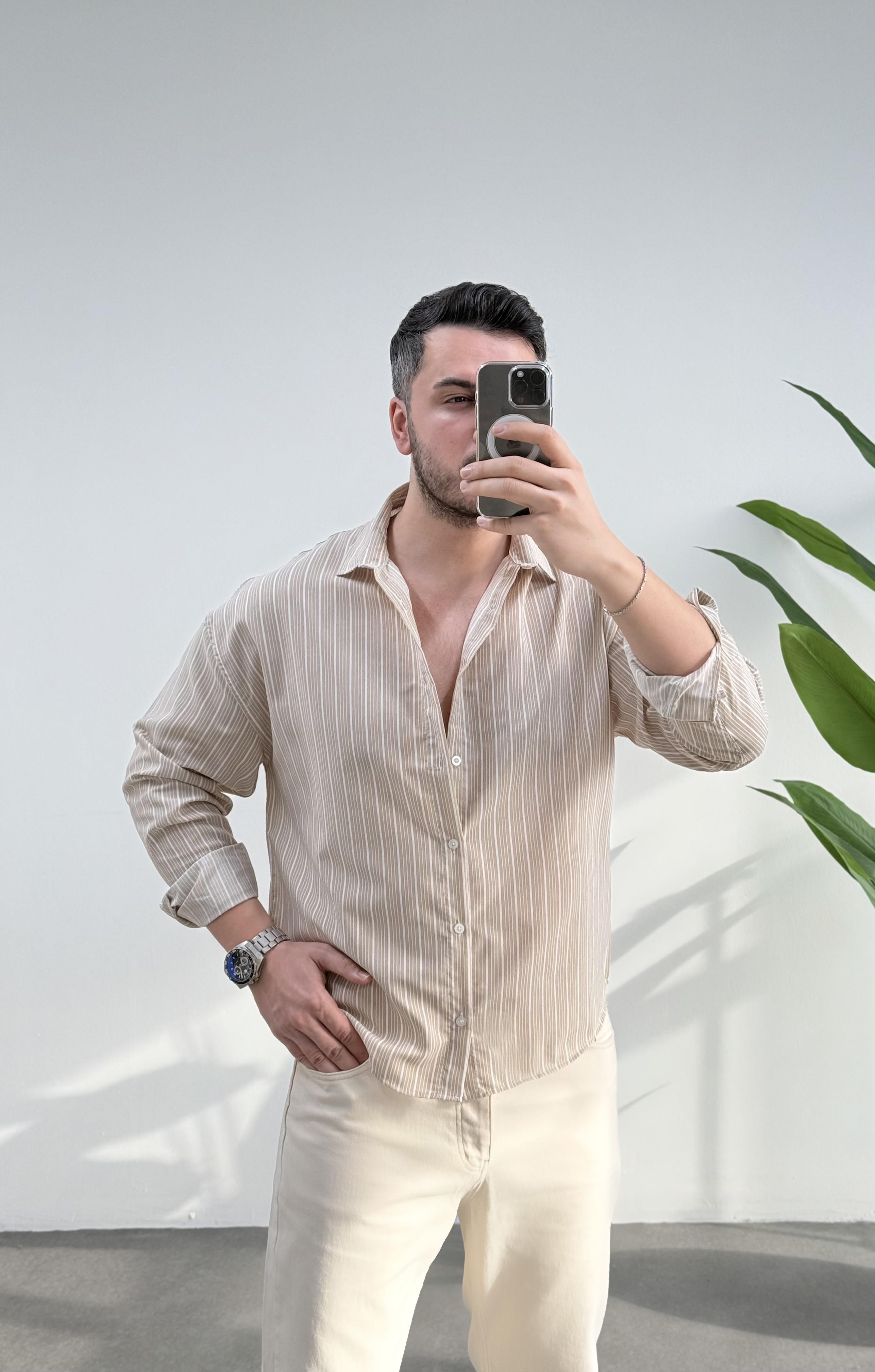 Fresh Bej Çizgili Oversize Keten Gömlek 