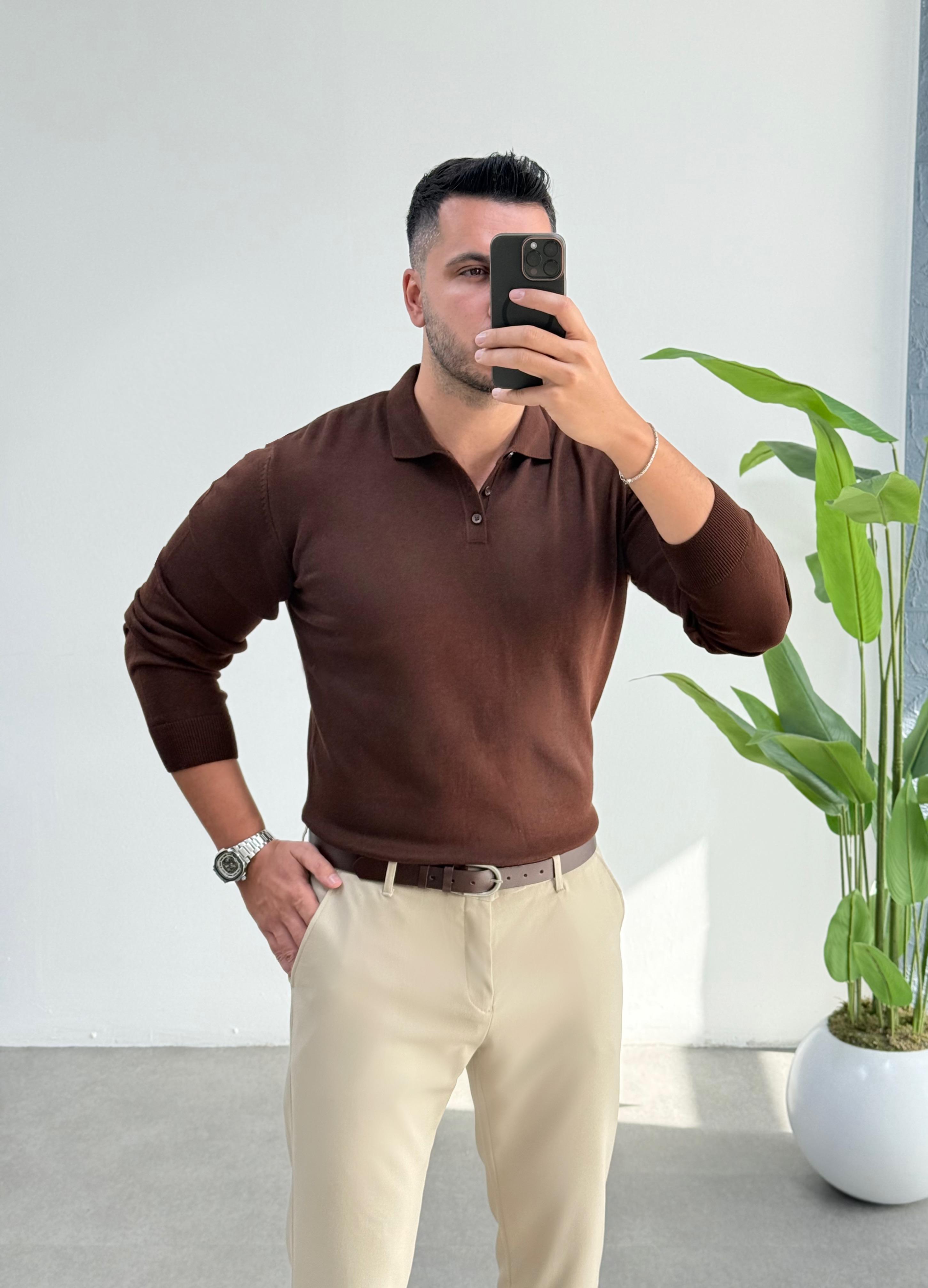 Frower Düğmeli Kahve Triko Kazak