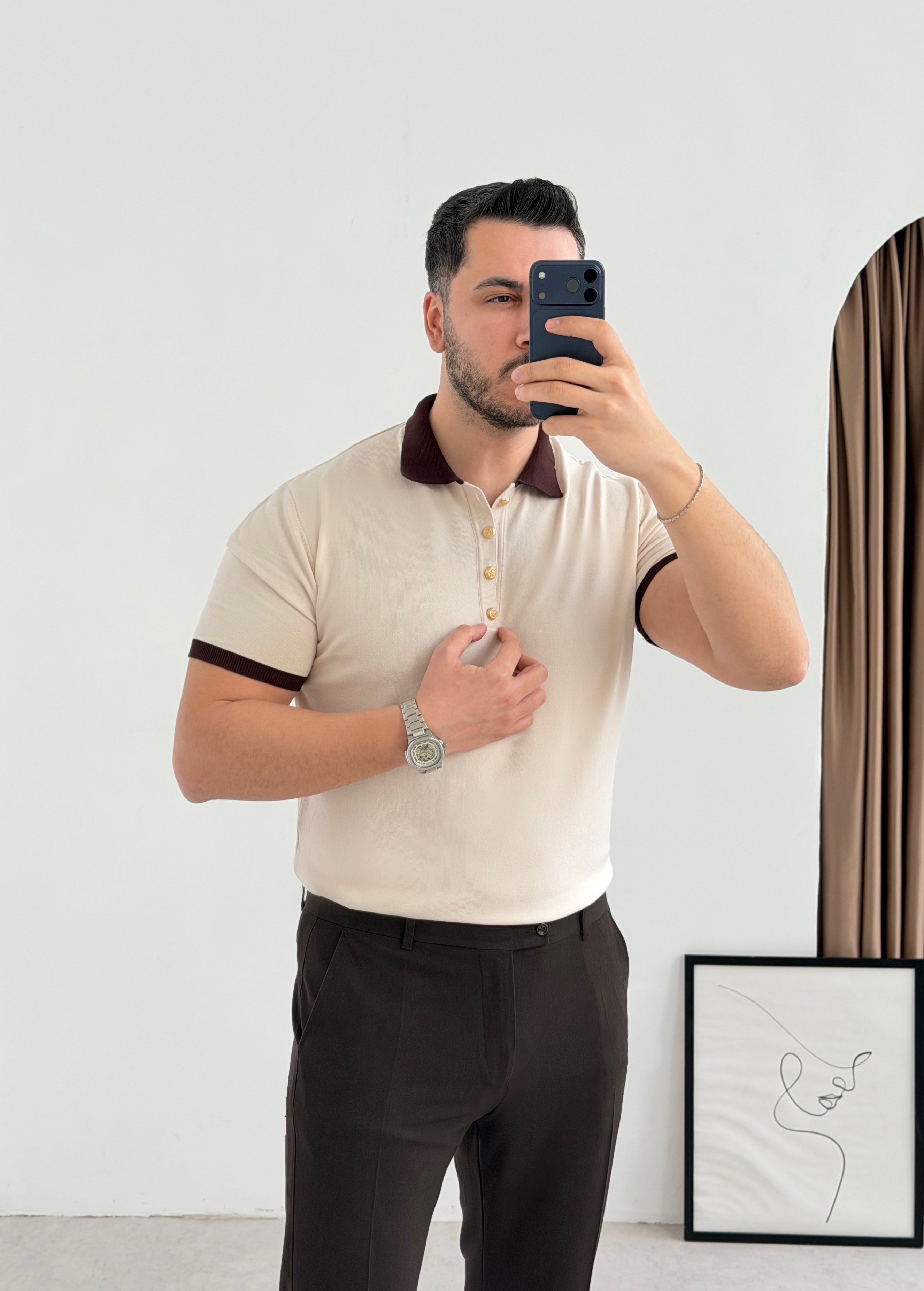 Gold Düğme Bej Örme Tişört
