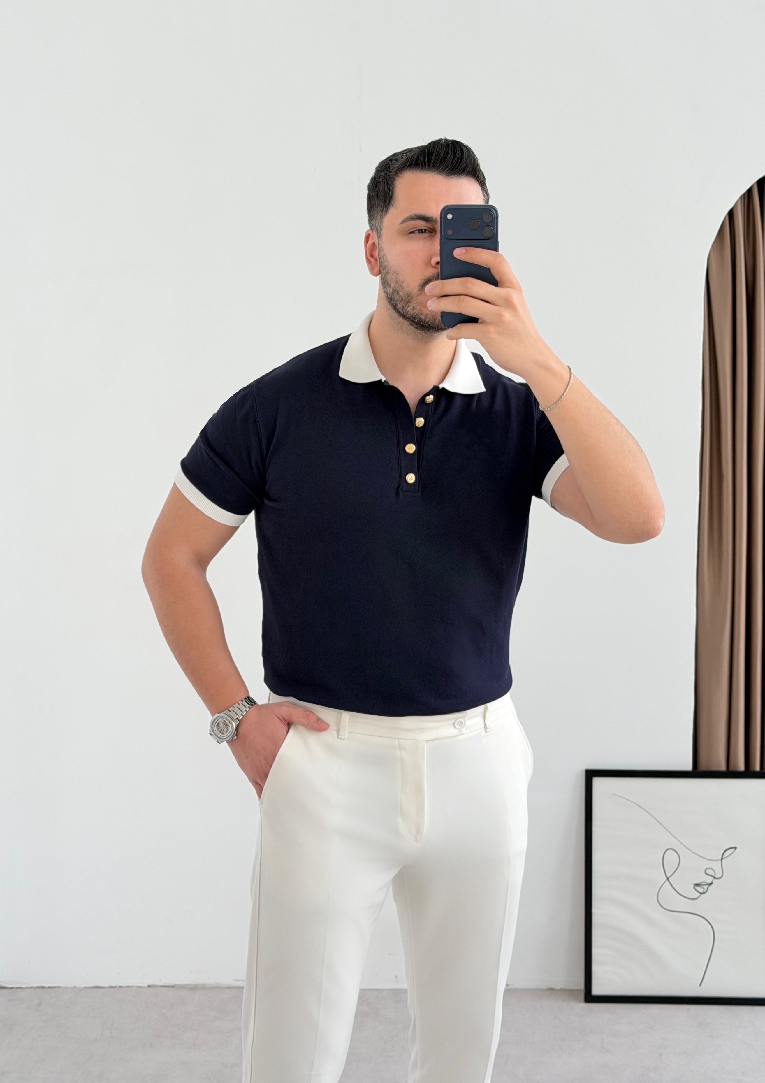 Gold Düğme Lacivert Örme Tişört