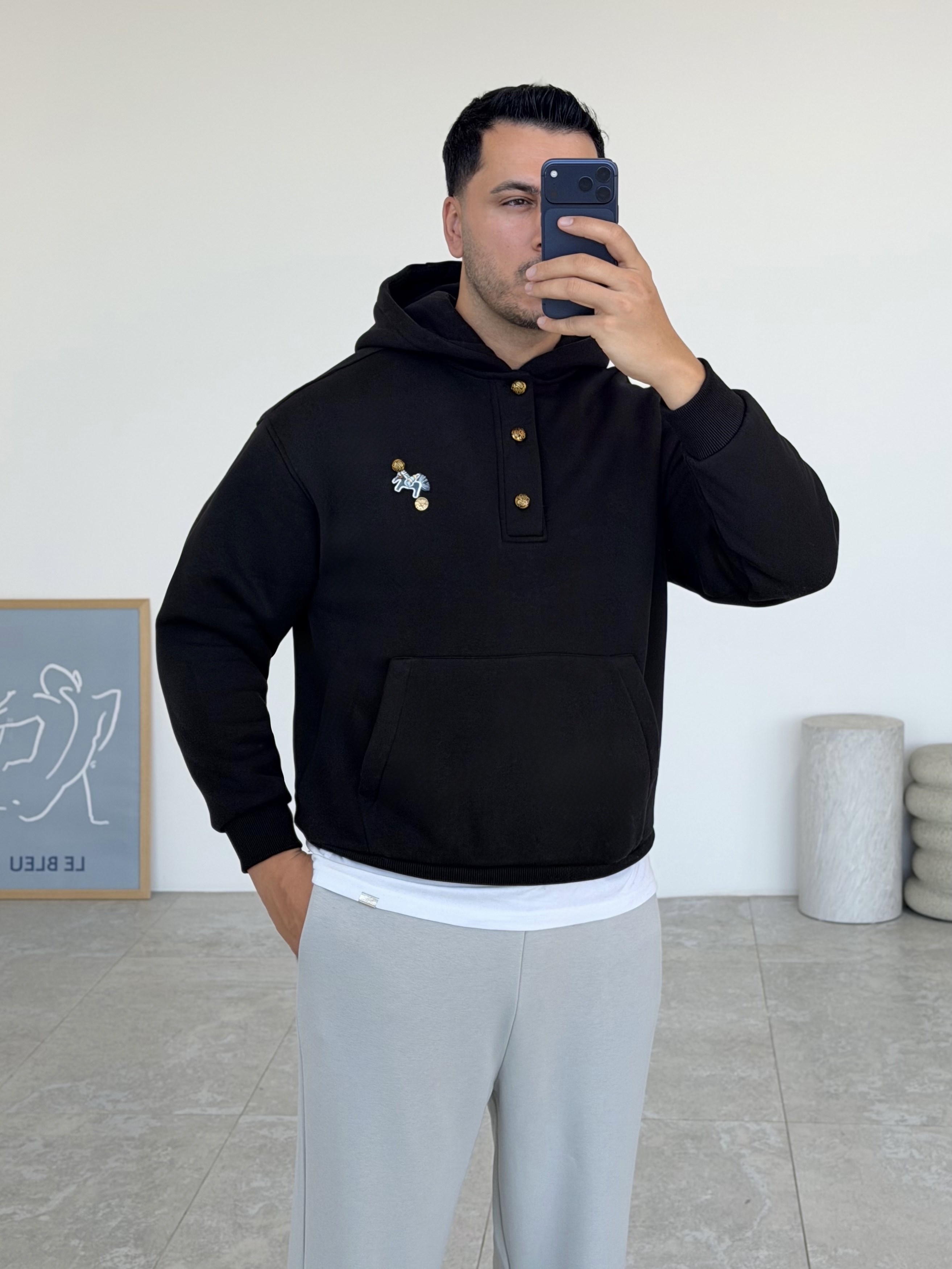 Gold Siyah Kapüşonlu Şardonlu Sweatshirt