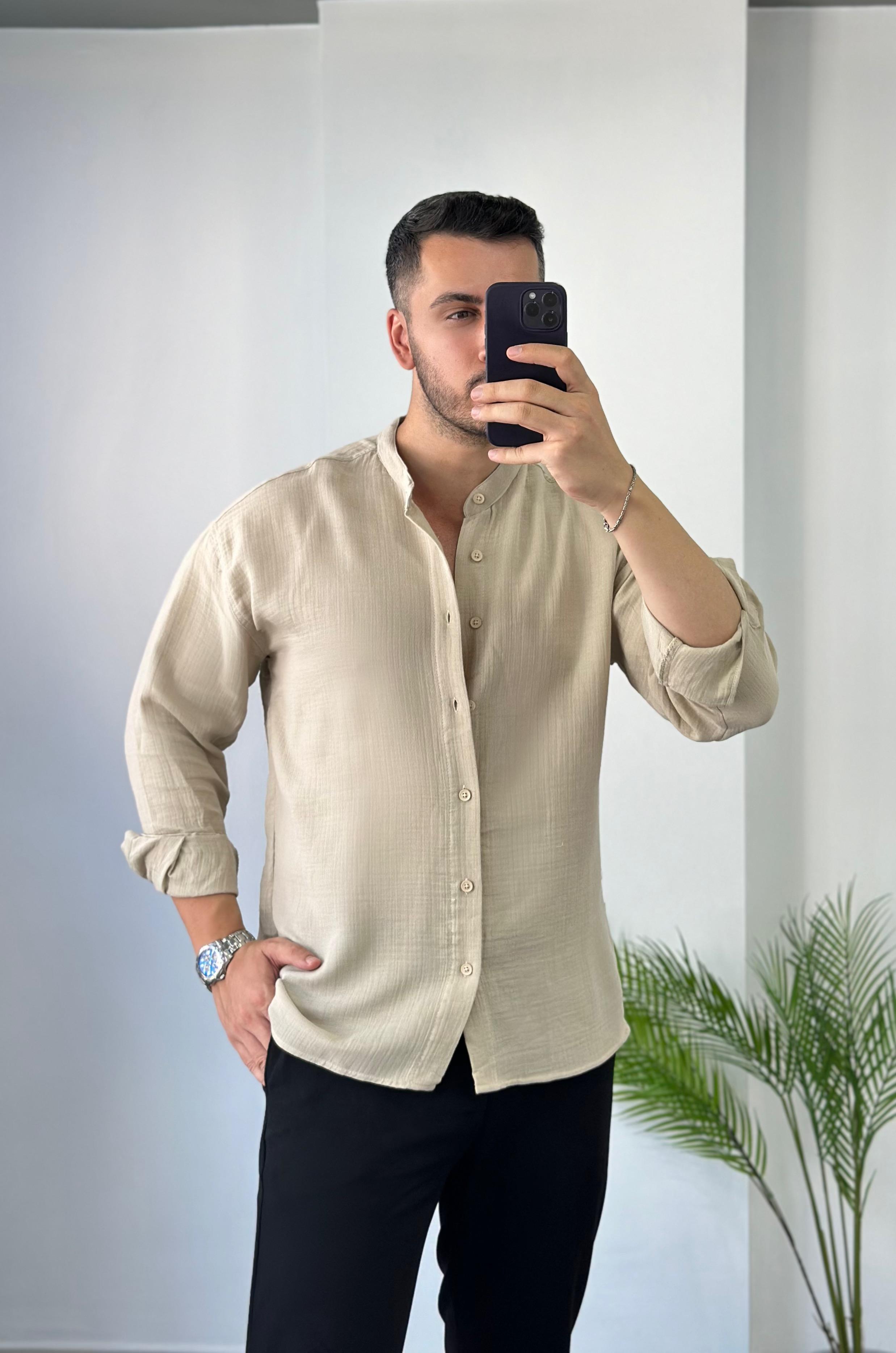Hakim Yaka Bej Oversize Keten Gömlek 