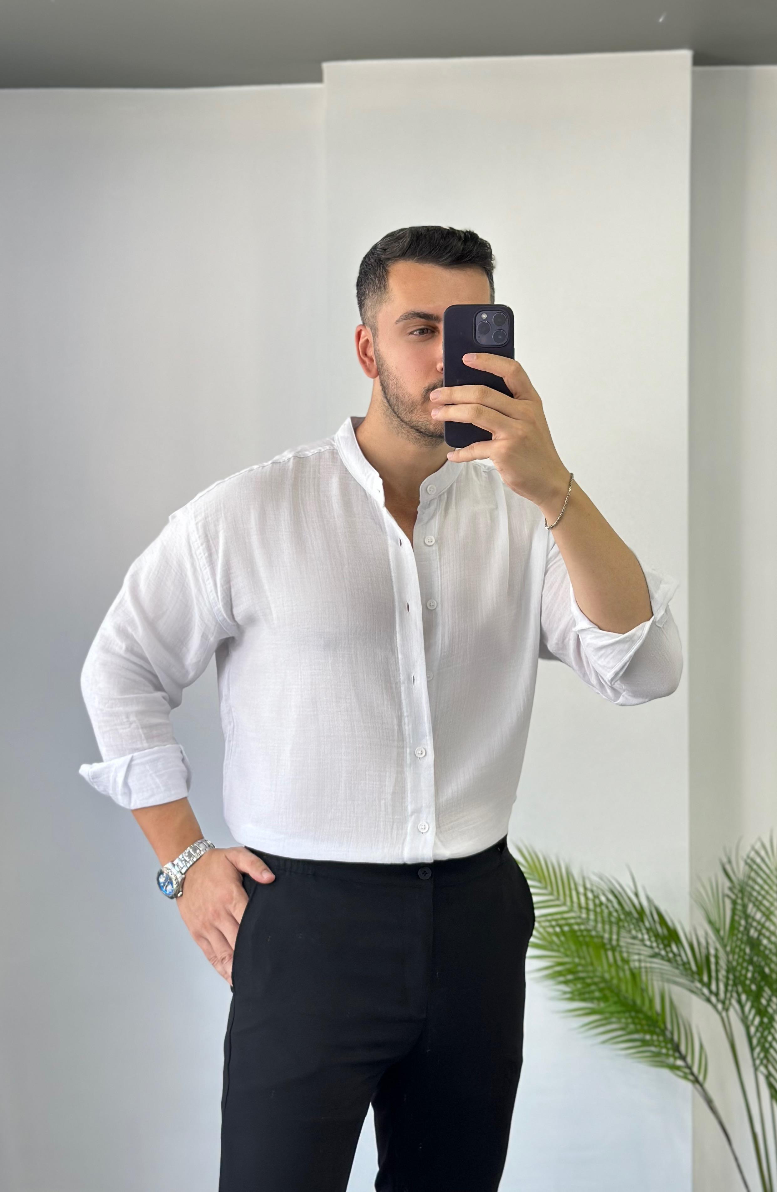 Hakim Yaka Beyaz Oversize Gömlek 