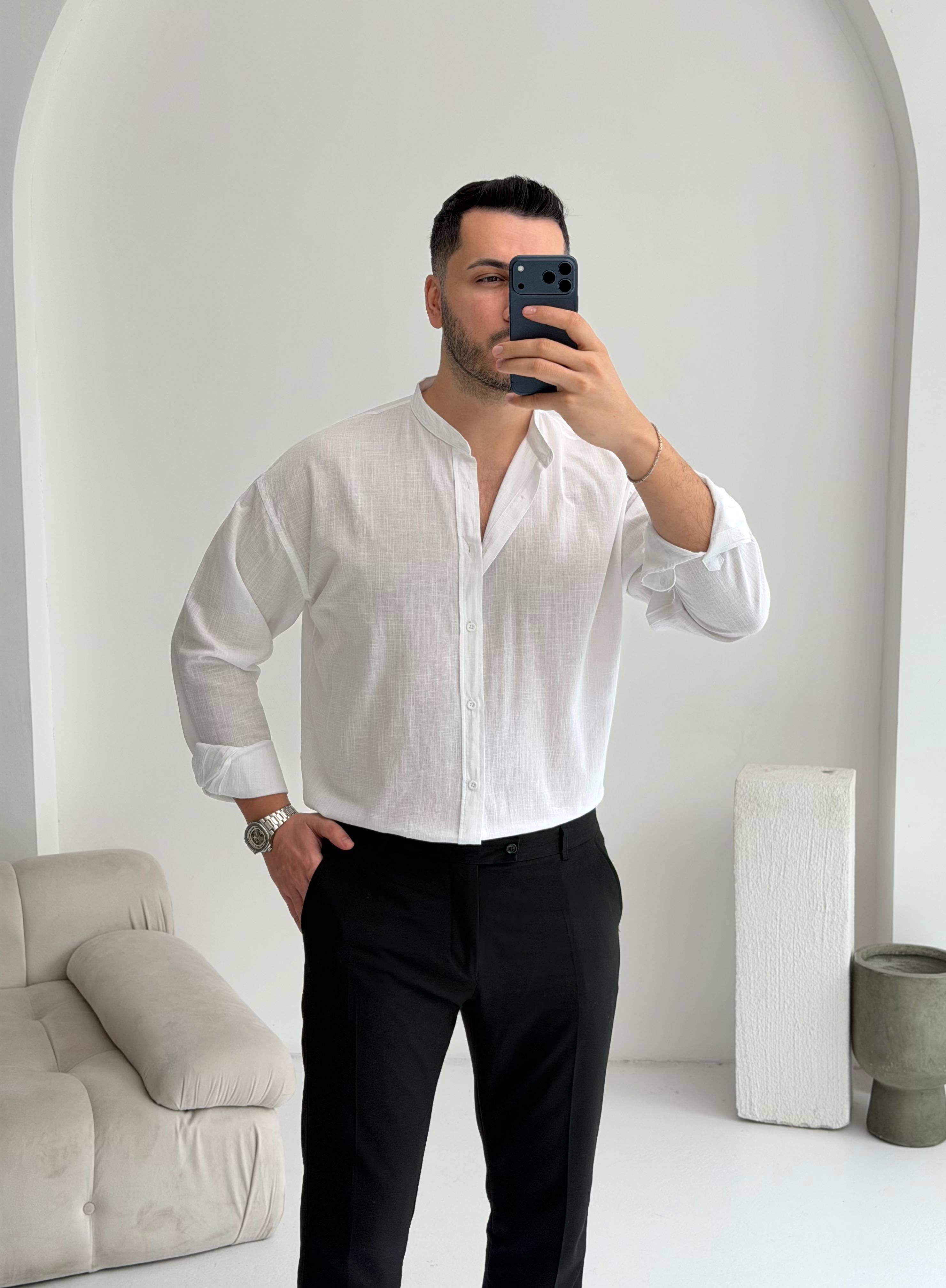 Hakim Yaka Beyaz Oversize Gömlek