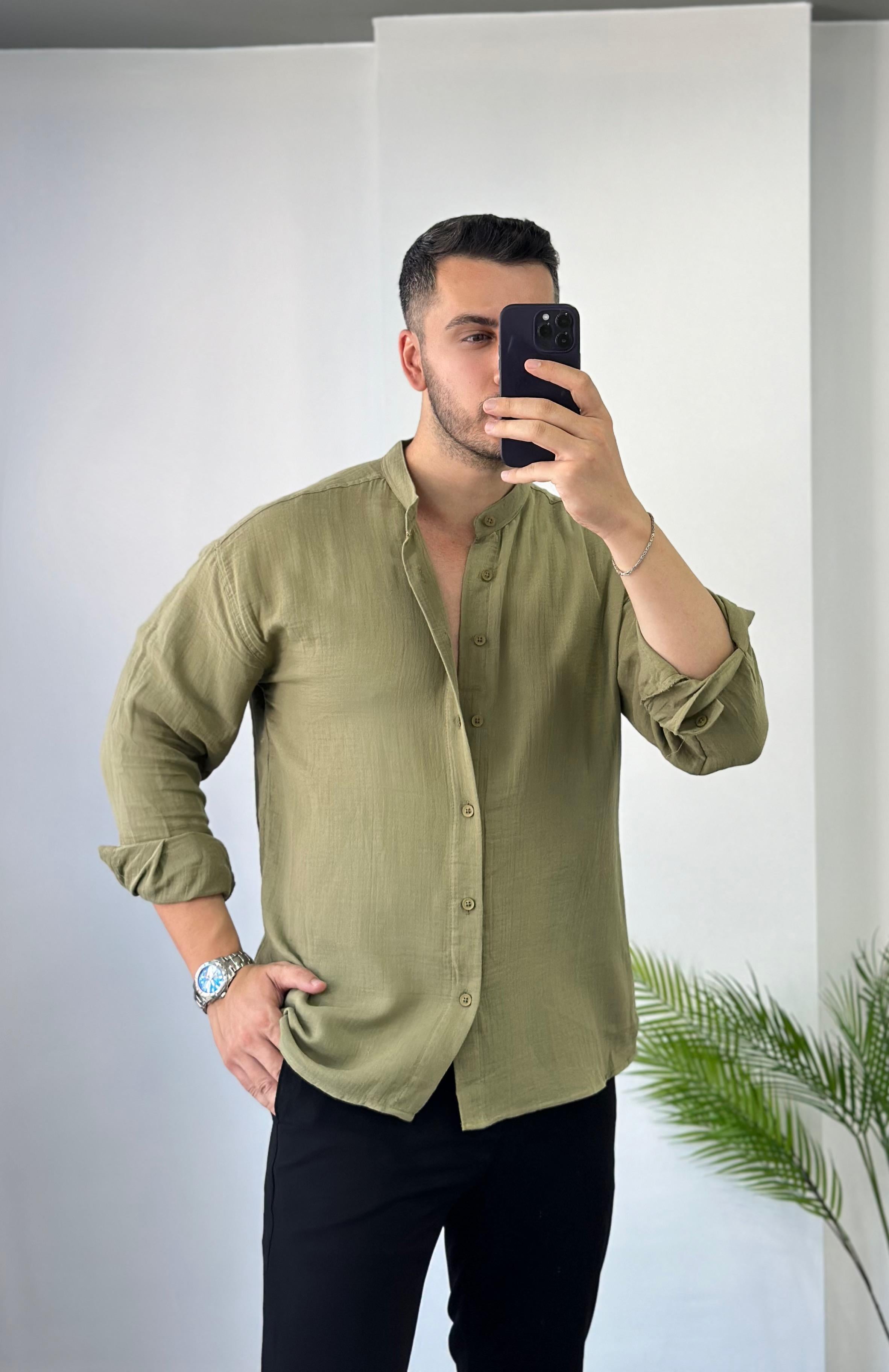 Hakim Yaka Haki Oversize Keten Gömlek 