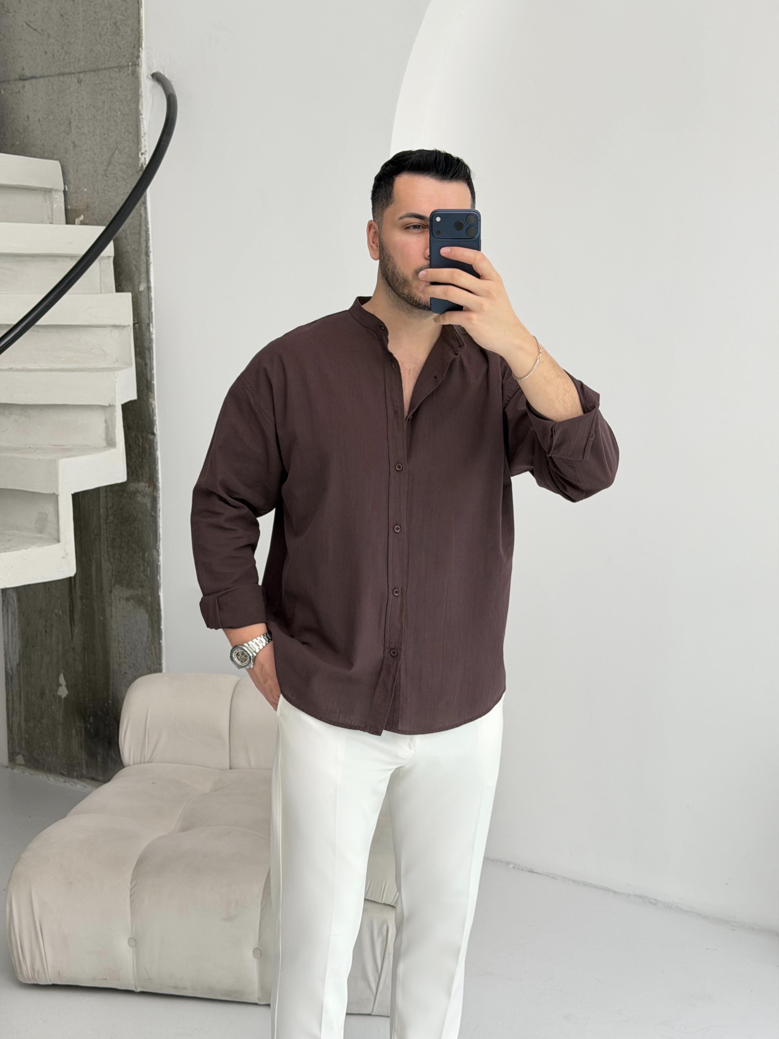 Hakim Yaka Kahve Oversize Keten Gömlek 