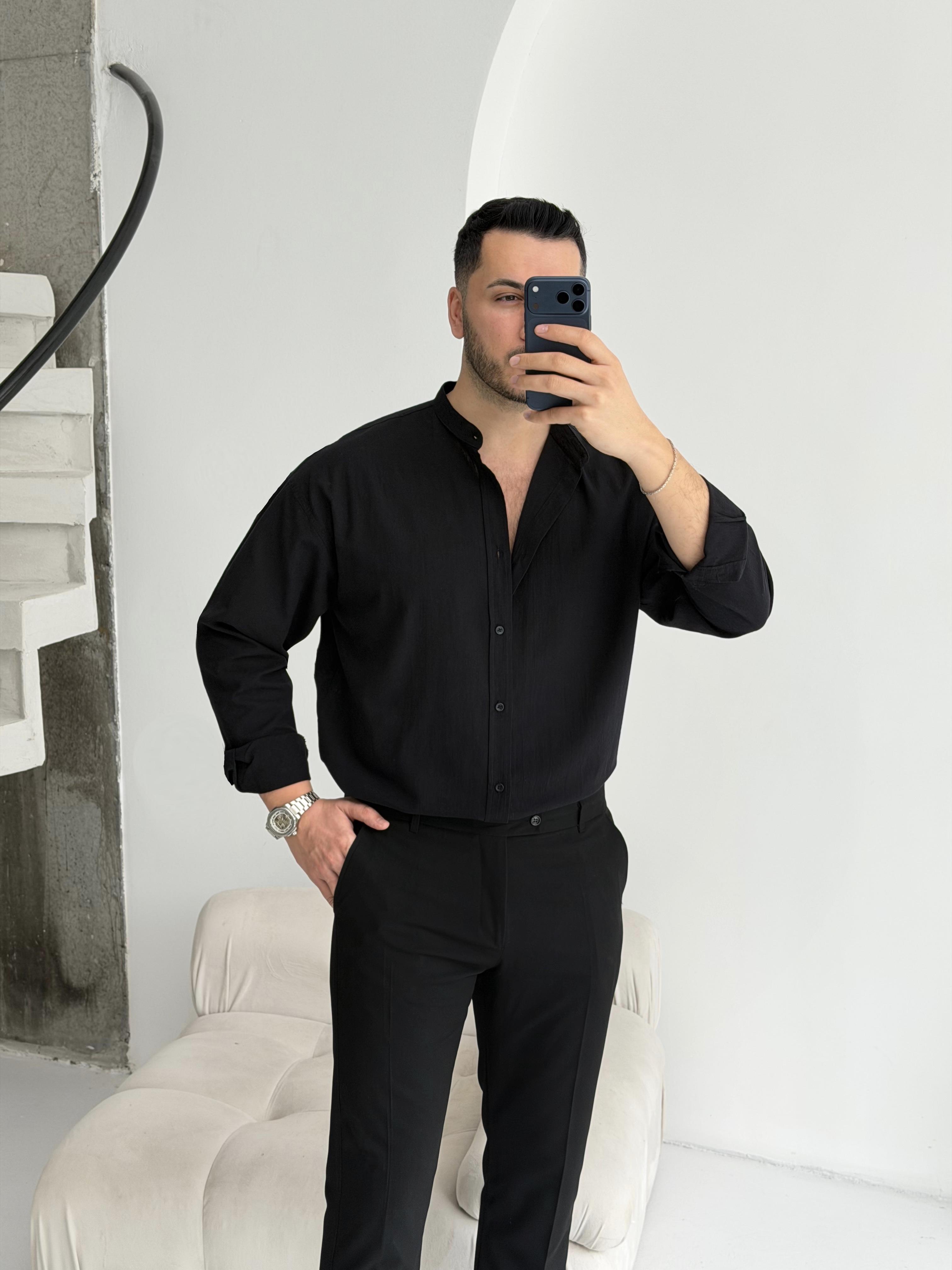 Hakim Yaka Siyah Oversize Gömlek 