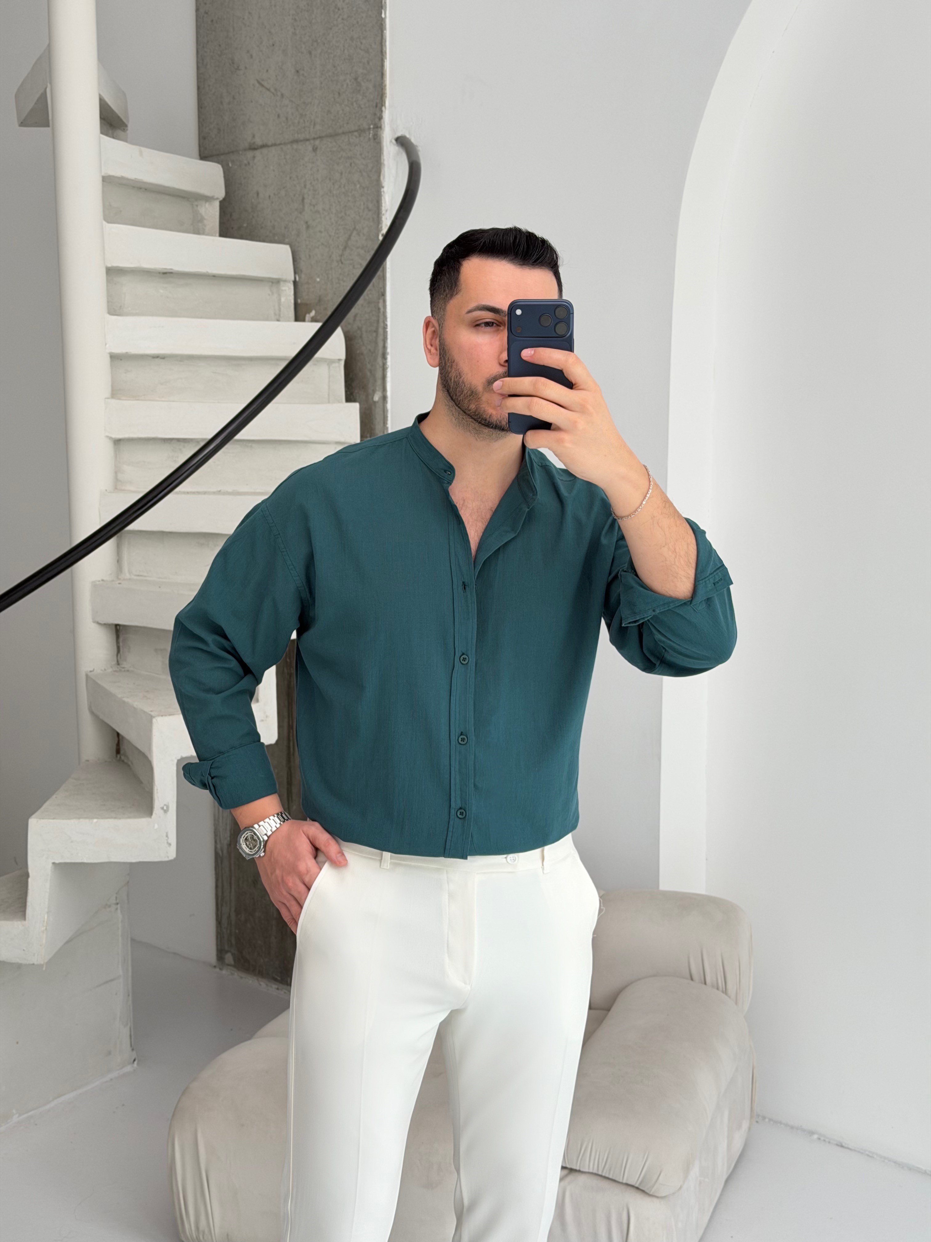 Hakim Yaka  Zümrüt Oversize Keten Gömlek